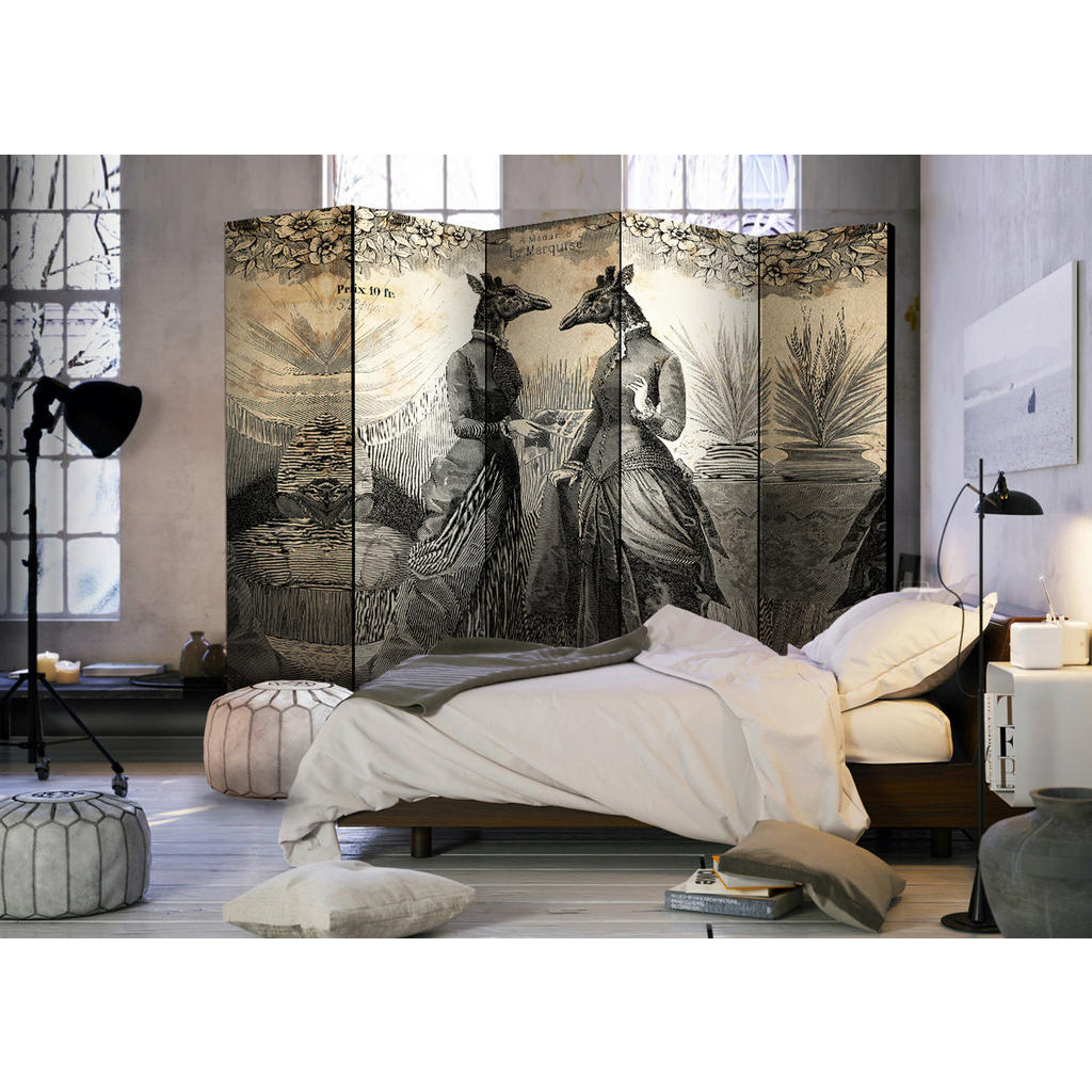 Thumbnail - artgeist Paravent, Schwarz, Perlmutt, Holz, Kunststoff, Textil, Kiefer, massiv, Giraffe, 225x172x3 cm, Motiv auf Vorder-...