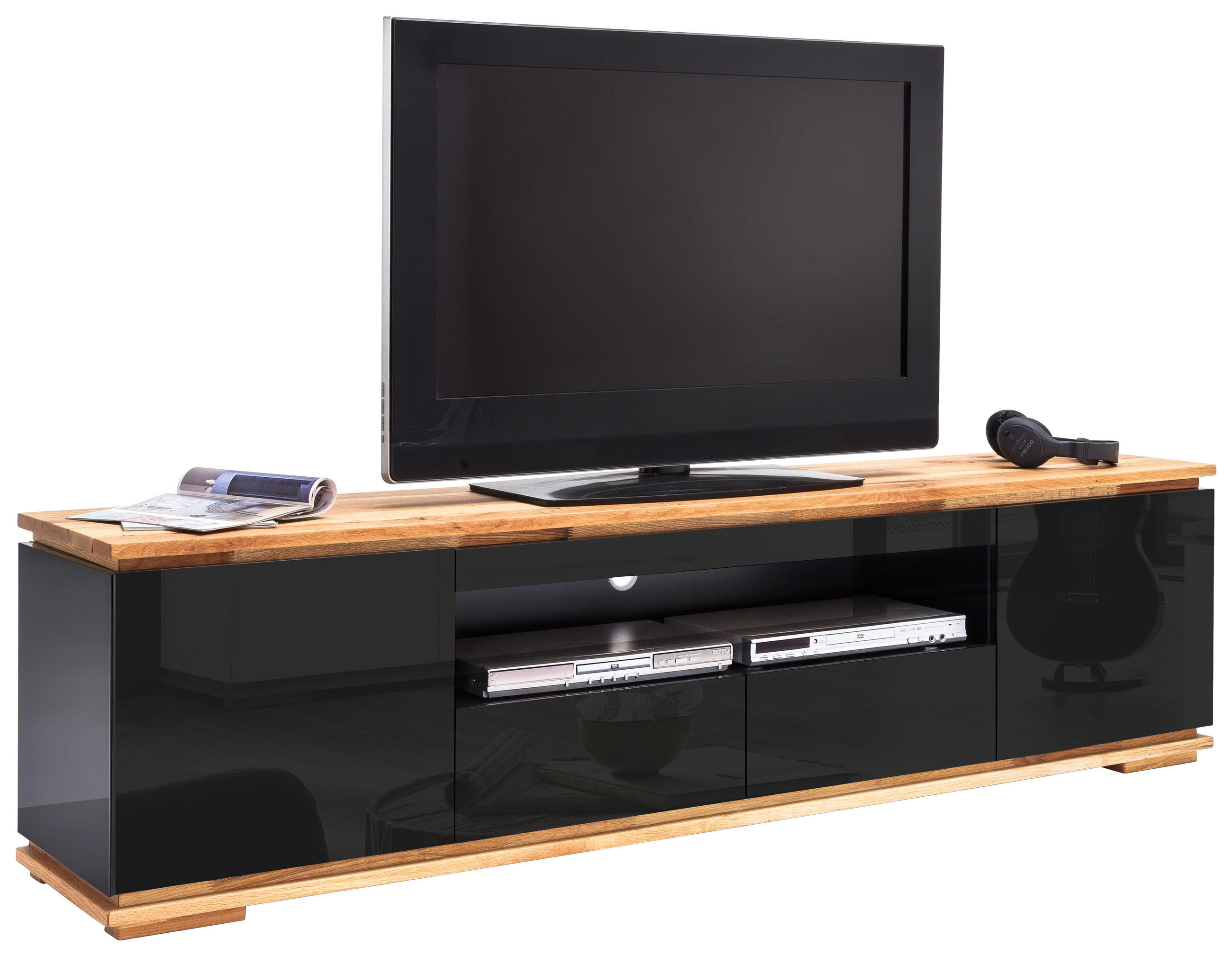 LOWBOARD Asteiche, Eiche massiv Schwarz, Eichefarben  - Eichefarben/Schwarz, Design, Holz (202/54/40cm)