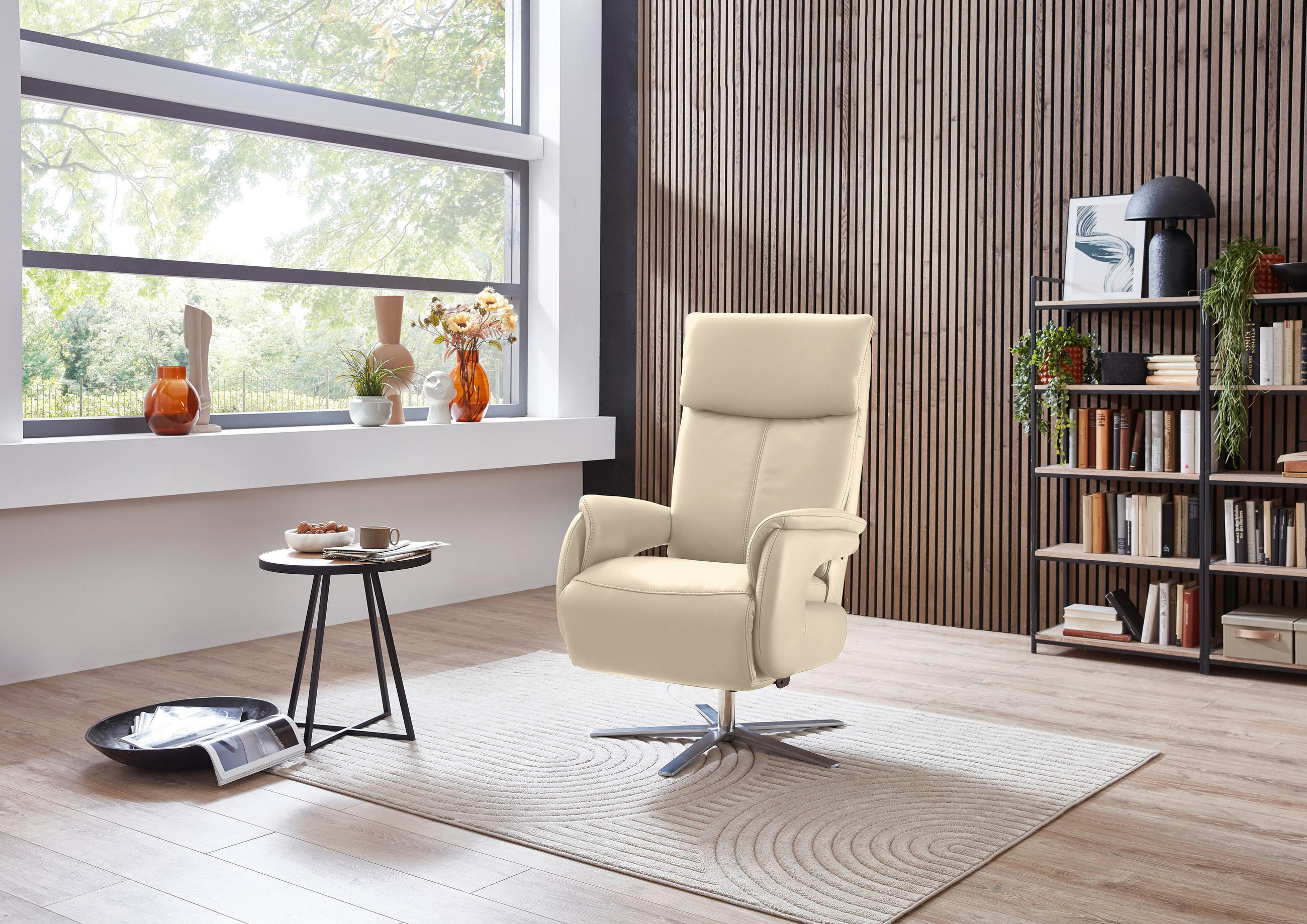 RELAXSESSEL in Leder Ecru  - Ecru/Edelstahlfarben, Design, Leder/Metall (70/124/85cm) - Cantus