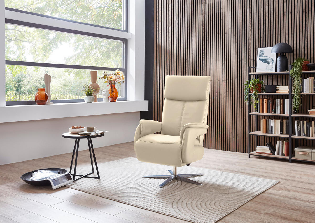 RELAXSESSEL in Leder Ecru  - Ecru/Edelstahlfarben, Design, Leder/Metall (70/124/85cm) - Cantus