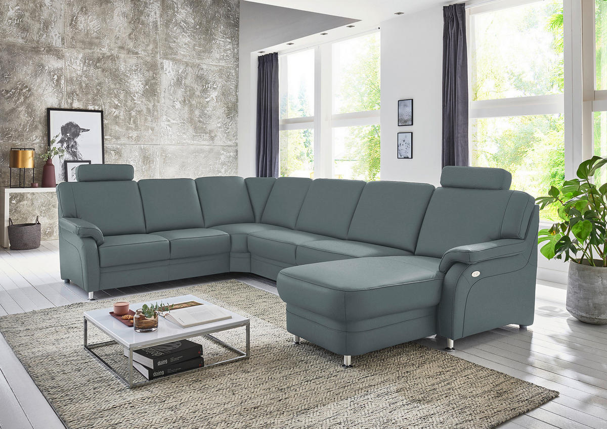 WOHNLANDSCHAFT Echtleder Grau  - Alufarben/Grau, Konventionell, Leder/Metall (239/329/165cm) - Beldomo Premium