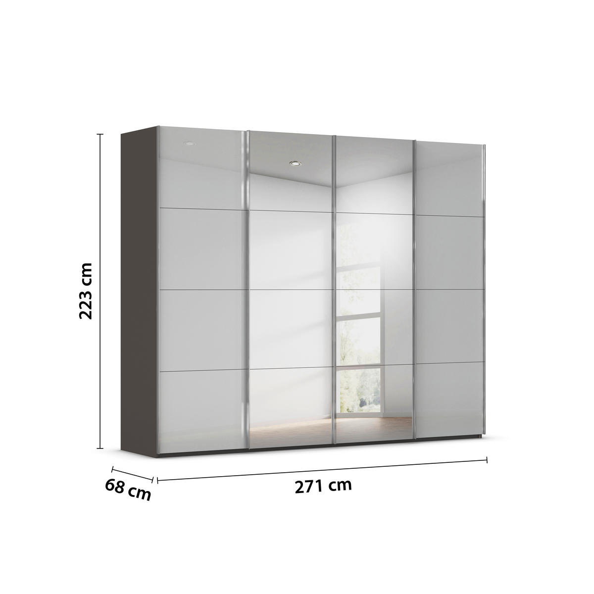 SCHWEBETÜRENSCHRANK 271/223/68 cm 4-türig Graphitfarben, Grau  - Chromfarben/Graphitfarben, Design, Glas/Holzwerkstoff (271/223/68cm) - Novel