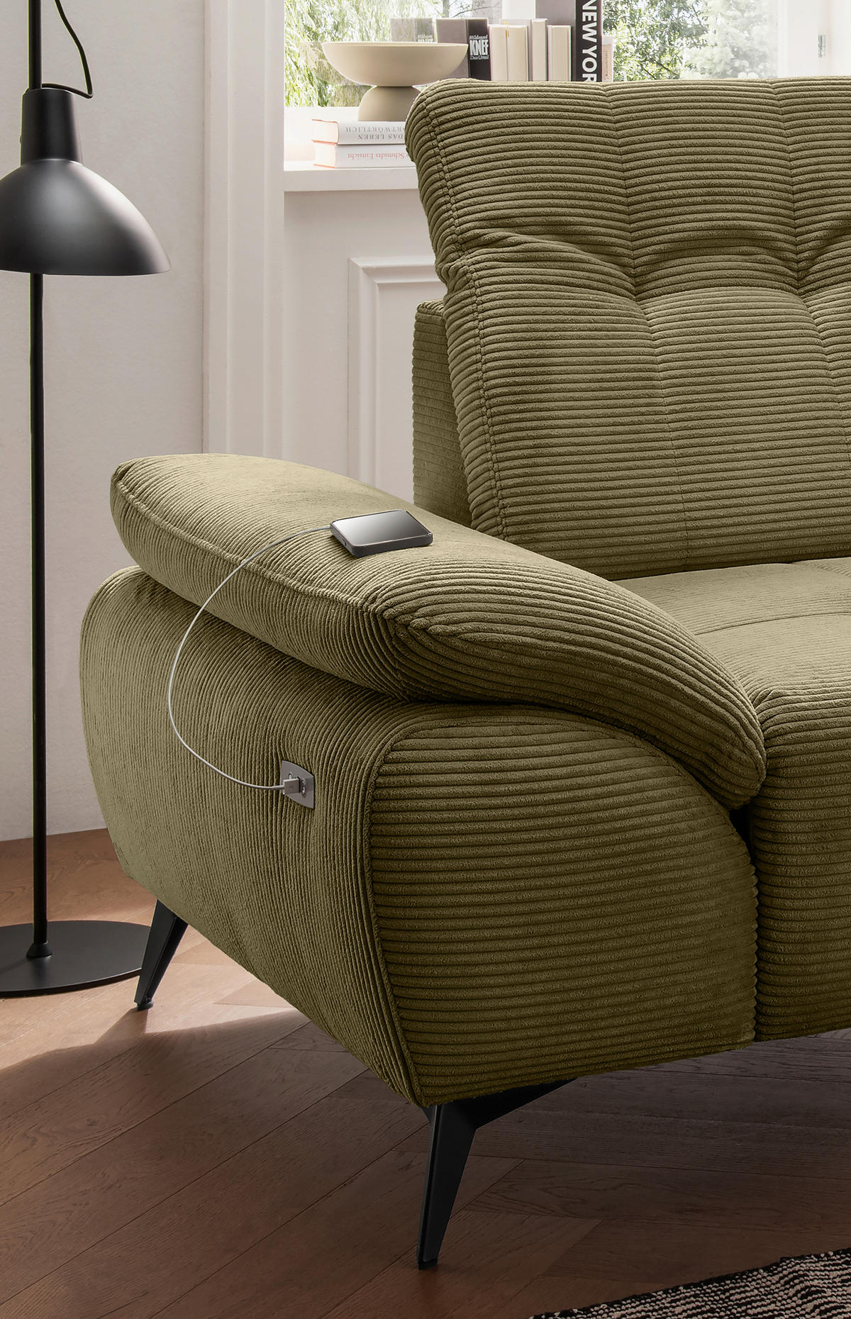 ECKSOFA Cord Olivgrün  - Schwarz/Olivgrün, Modern, Textil/Metall (280/180cm) - Livetastic
