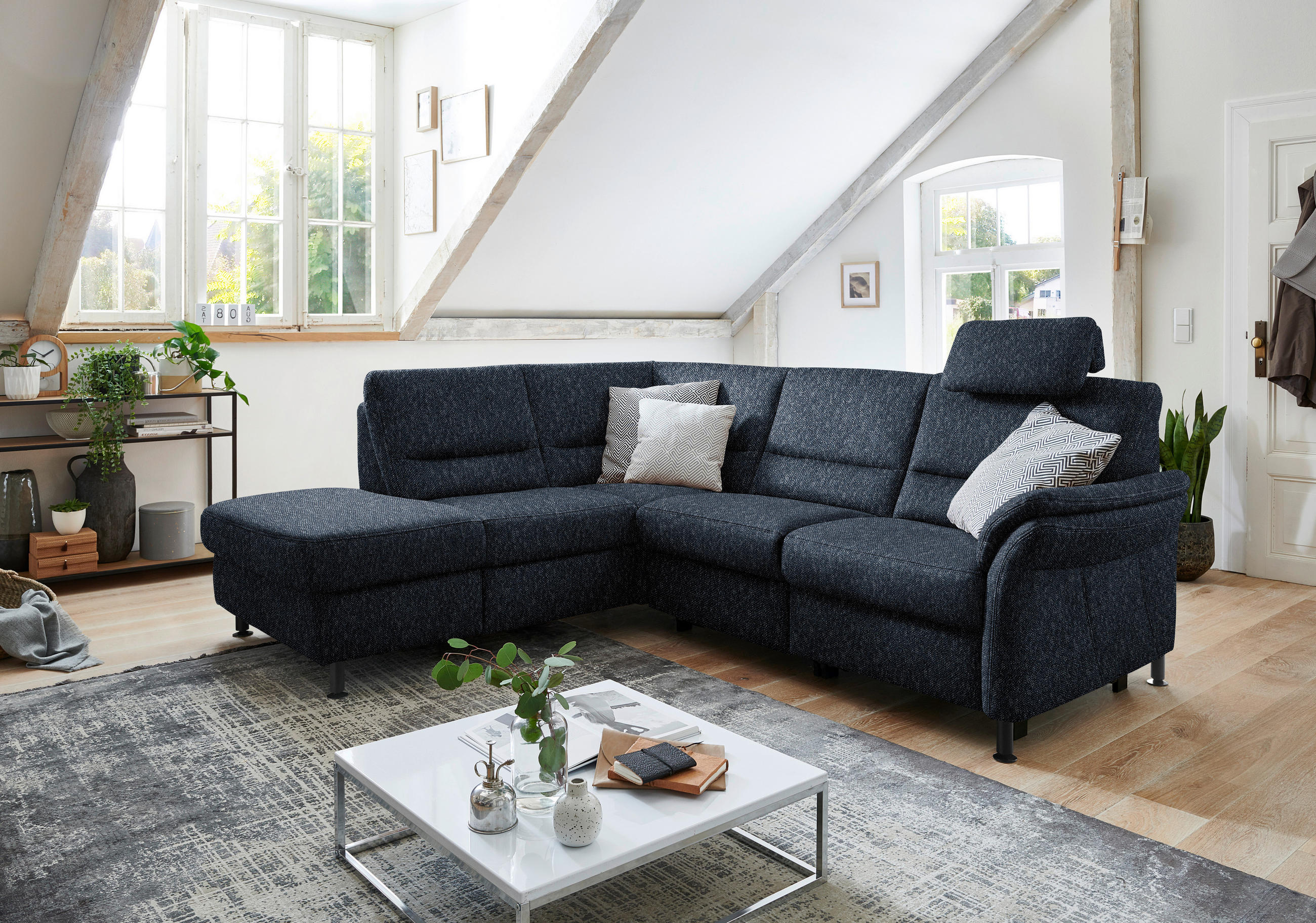 ECKSOFA in Flachgewebe Dunkelblau  - Schwarz/Dunkelblau, Modern, Textil/Metall (203/227cm) - Beldomo System