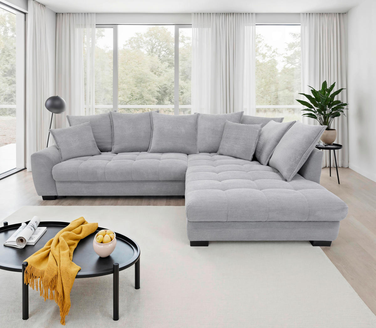 ECKSOFA Grau Cord Rückenkissen, Armlehnenkissen, Bettkasten, Schlaffunktion, Rücken echt, Liegefläche im Originalstoff  - Schwarz/Grau, KONVENTIONELL, Kunststoff/Textil (304/212cm) - Carryhome