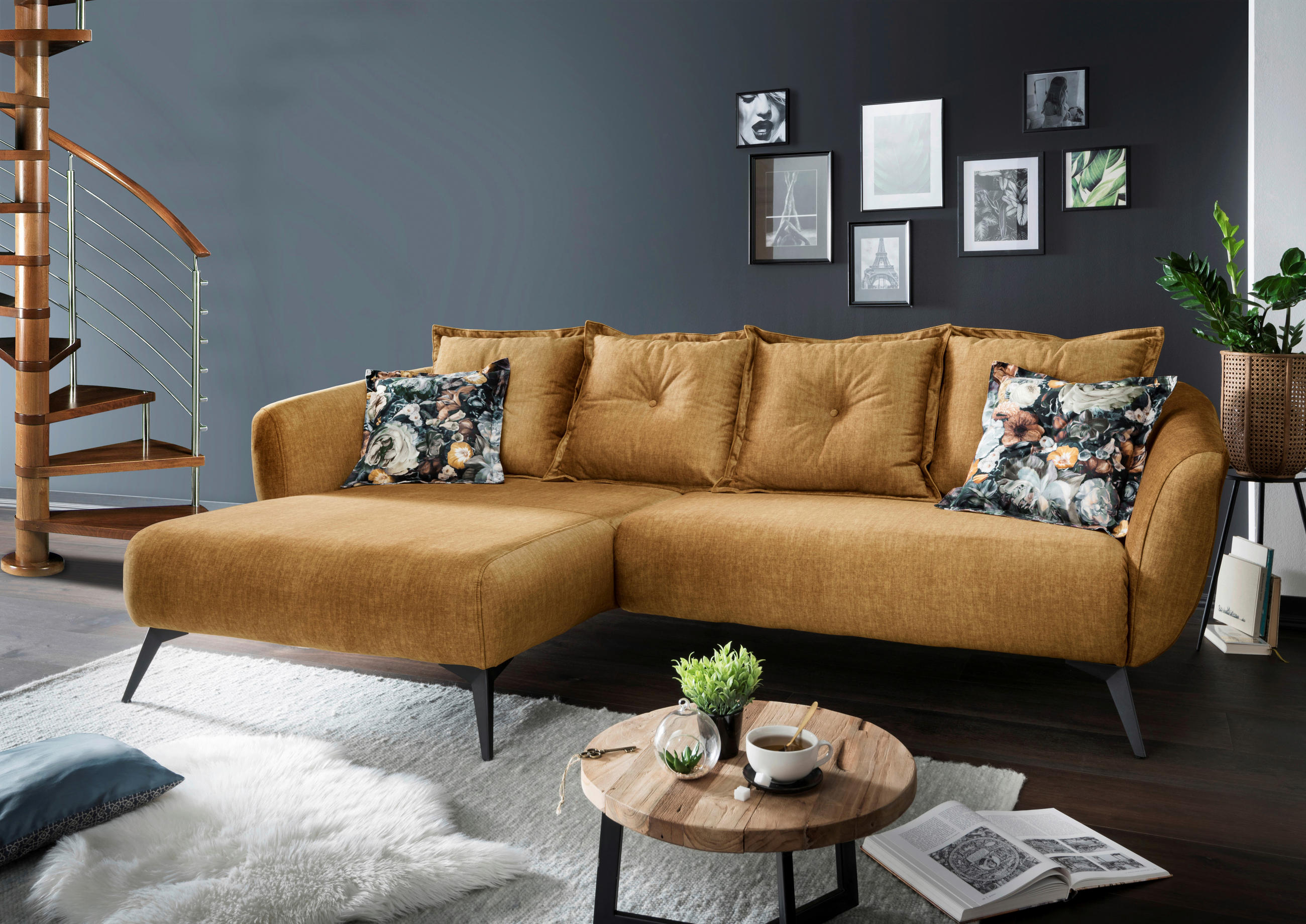 ECKSOFA Multicolor, Gelb Velours  - Gelb/Multicolor, MODERN, Holz/Textil (162/277cm) - Livetastic