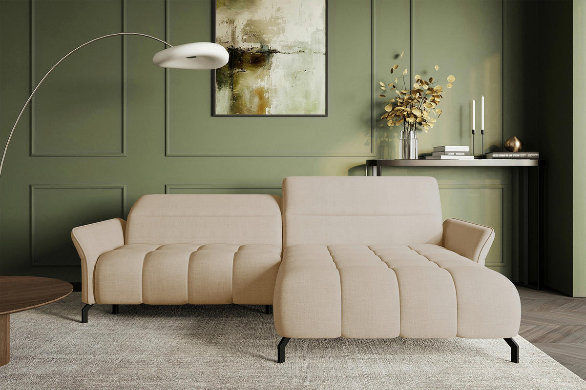 ECKSOFA Beige Flachgewebe Rücken echt, Kopfteilverstellung, Sitztiefenverstellung  - Beige/Schwarz, KONVENTIONELL, Textil/Metall (272/175cm) - Carryhome