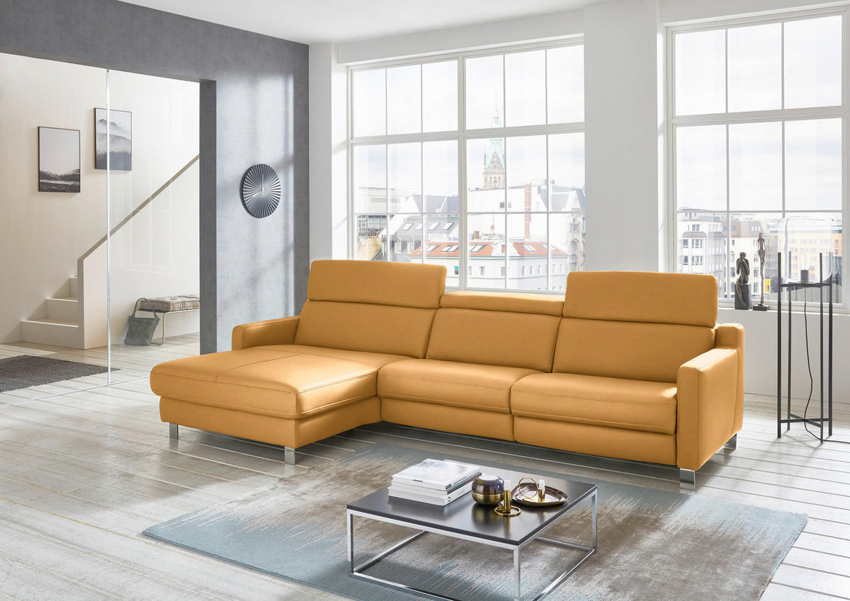 ECKSOFA in Echtleder Currygelb  - Chromfarben/Currygelb, Design, Leder/Metall (176/291cm) - Valdera