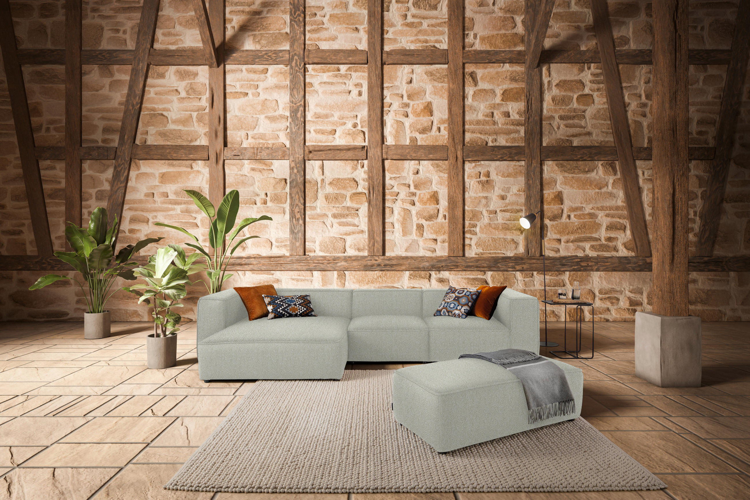ECKSOFA in Flachgewebe Ecru  164/341 cm  - Ecru/Schwarz, Design, Kunststoff/Textil (164/341cm) - W.Schillig
