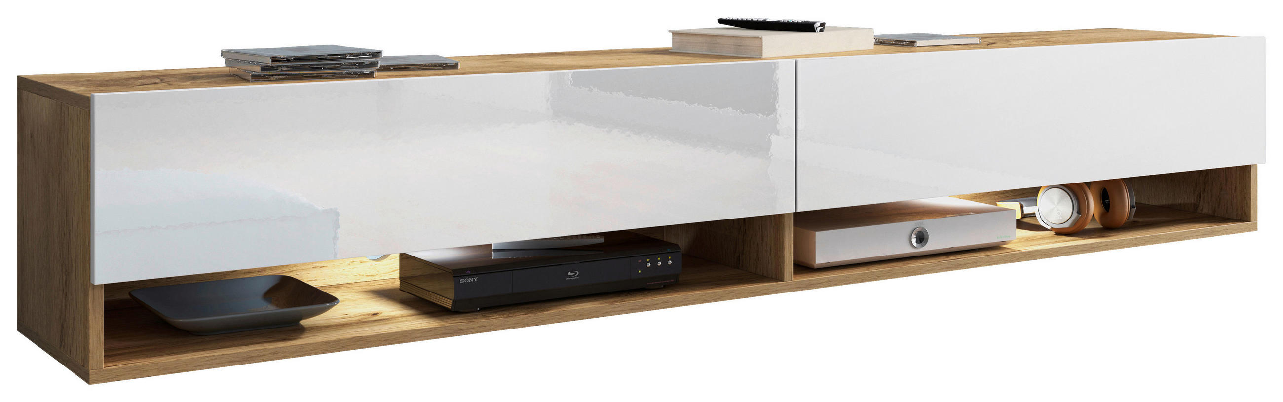 NÍZKÁ KOMODA, dub wotan, vysoce lesklá bílá, 180/30/32 cm - šedá/dub wotan, Lifestyle, kompozitní dřevo/plast (180/30/32cm) - P & B