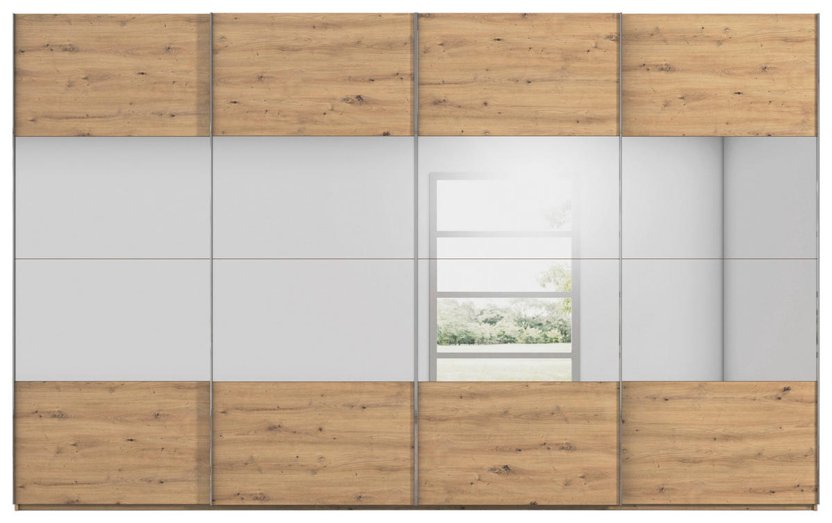 SCHWEBETÜRENSCHRANK 361/223/68 cm 4-türig Eiche Artisan  - Chromfarben/Eiche Artisan, Design, Glas/Holzwerkstoff (361/223/68cm) - Novel