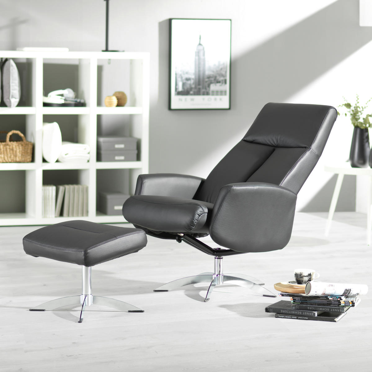 RELAXSESSELSET Lederlook Kombination Echtleder/Lederlook Relaxfunktion, Hocker    - Chromfarben/Schwarz, Design, Leder/Textil (71/105/75cm) - Welnova