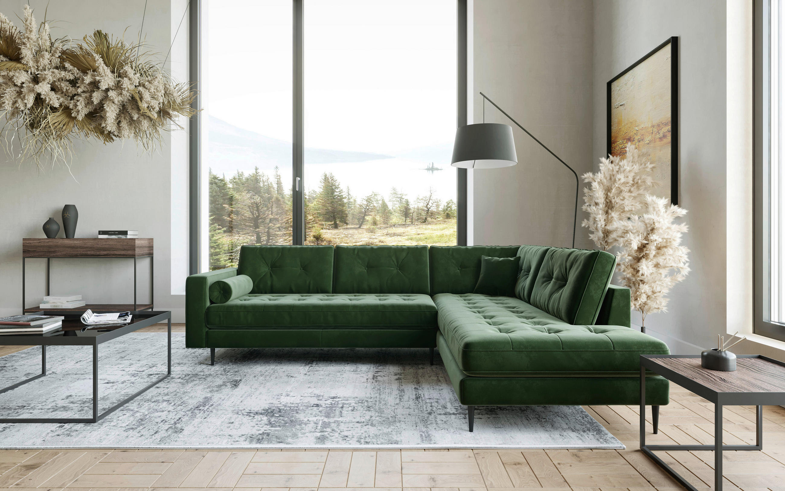Livetastic ECKSOFA Scott Olivgrün Flachgewebe, links davon: Hochflorteppich in grün, Couchtisch in grau, rechts davon: Beistelltisch, Stehleuchte in hellem Wohnzimmer.
