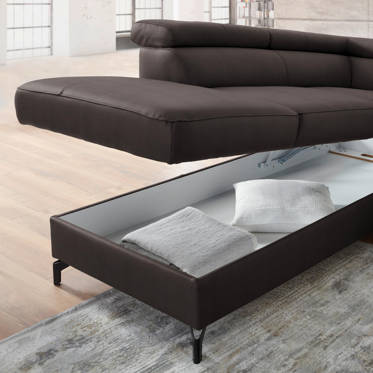 ECKSOFA in Echtleder Dunkelbraun  - Dunkelbraun/Schwarz, Design, Leder/Metall (220/256cm) - Celina Home