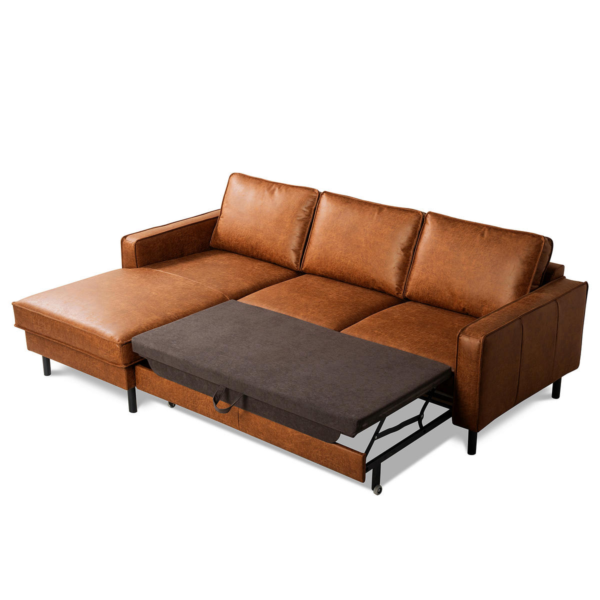 ECKSOFA Cognac Echtleder Lederlook Bettkasten, Schlaffunktion, Rücken echt  - Cognac/Schwarz, Design, Leder/Textil (166/238cm) - Livetastic