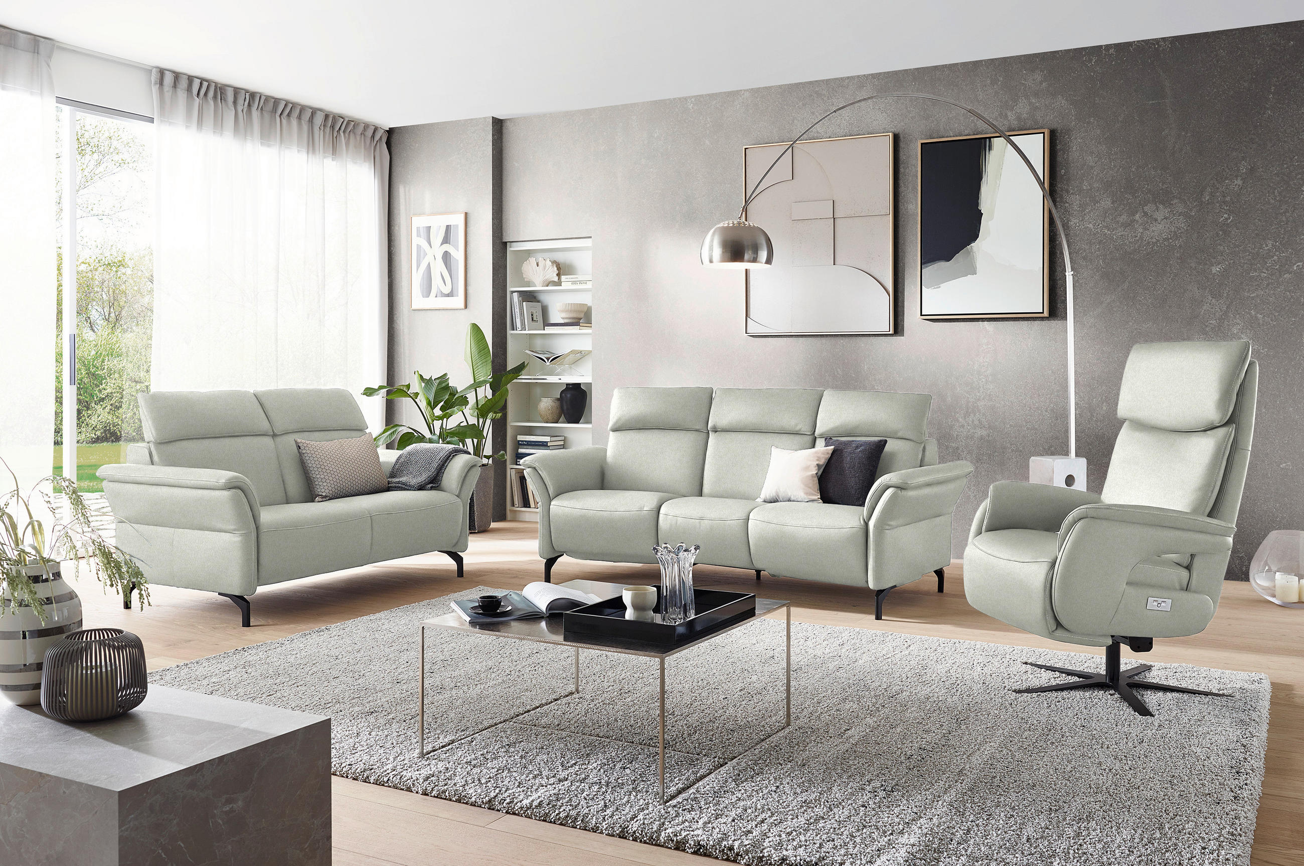 TRAPEZSOFA in Mikrofaser Hellgrau  - Hellgrau/Schwarz, KONVENTIONELL, Textil/Metall (221/103/95cm) - Dieter Knoll