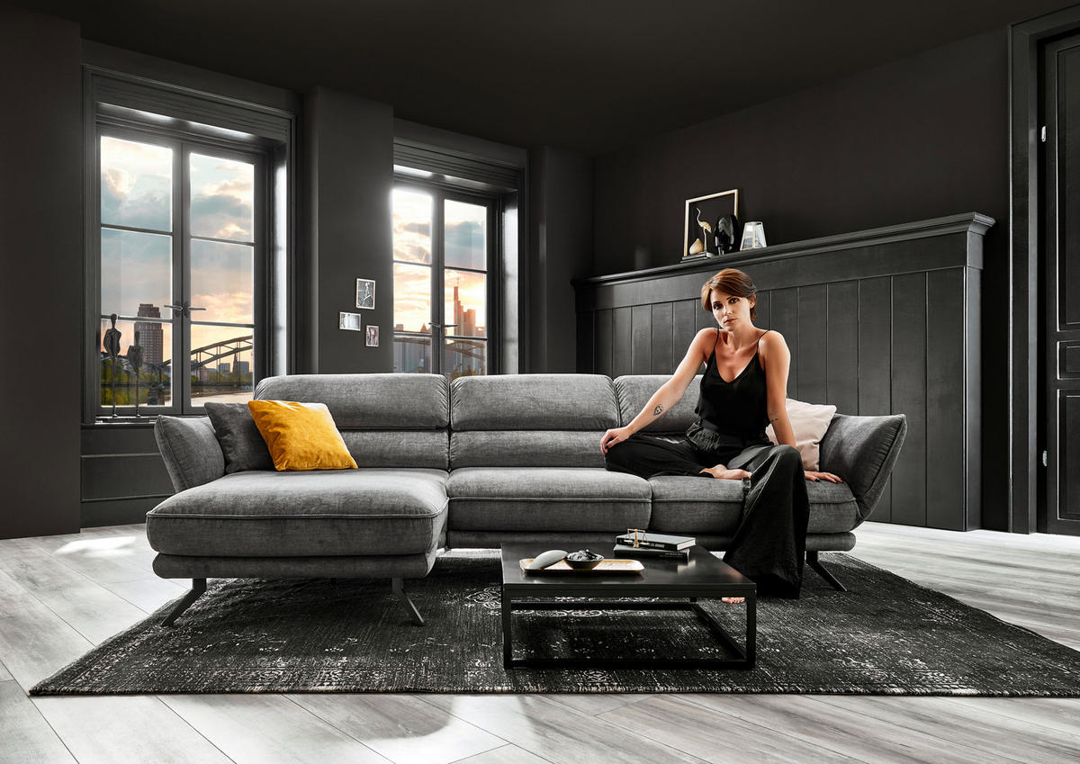 ECKSOFA in Velours Silberfarben  - Silberfarben/Schwarz, Design, Textil/Metall (153/283cm) - Valdera