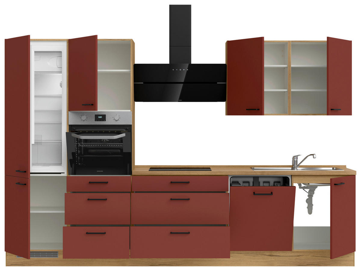 KÜCHENLEERBLOCK 330 cm   in Rot, Eichefarben  - Eichefarben/Rot, MODERN, Holzwerkstoff/Metall (330cm) - Nobilia