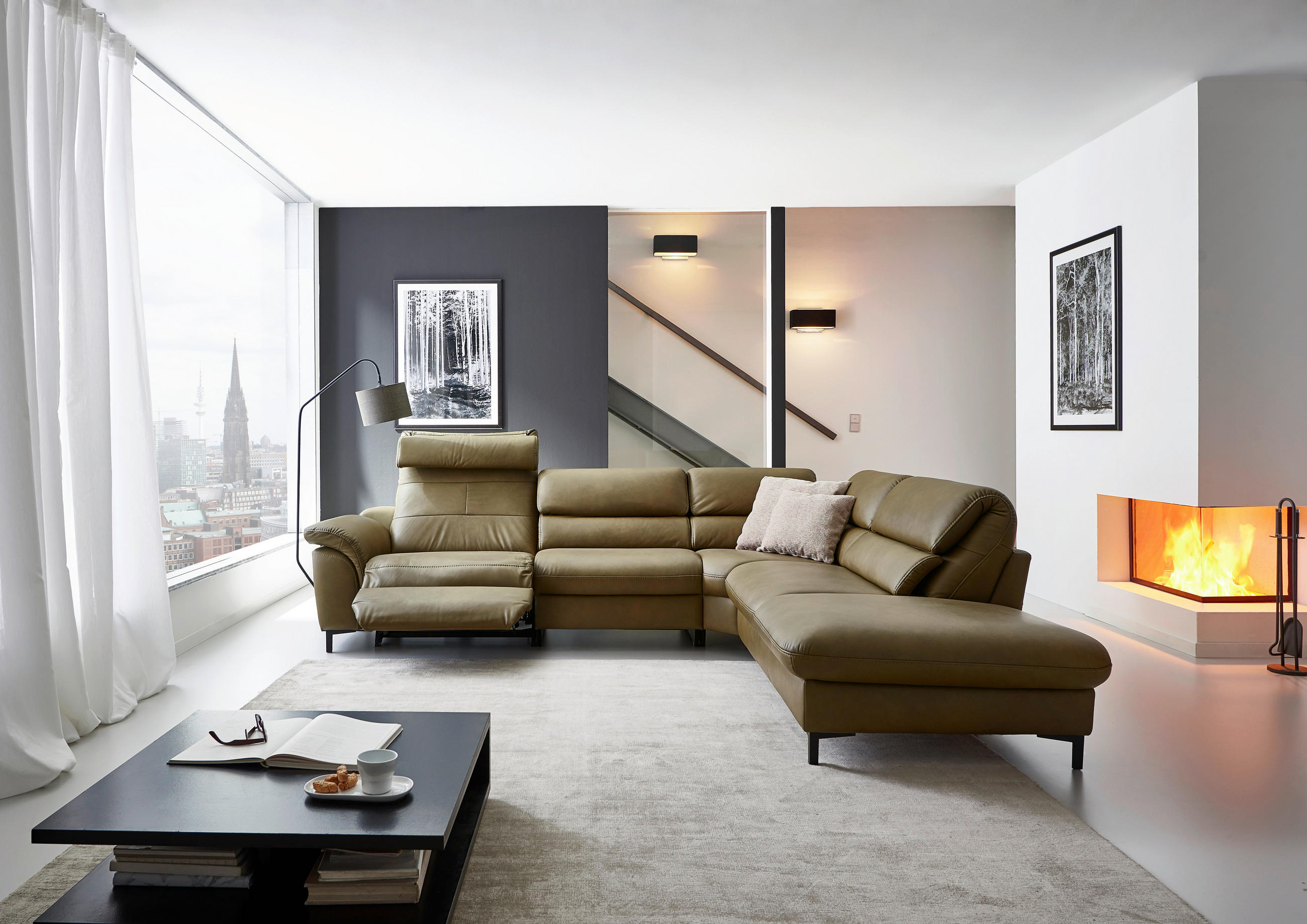 ECKSOFA inkl. Funktionen Valdera Schlammfarben Echtleder  - Schlammfarben/Schwarz, Design, Leder/Metall (280/246cm) - Hukla