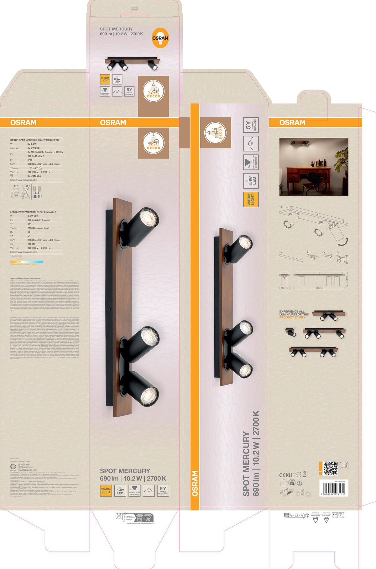 LED-STRAHLER 52/10/14,2 cm   - Schwarz/Naturfarben, Basics, Holz/Metall (52/10/14,2cm) - Osram