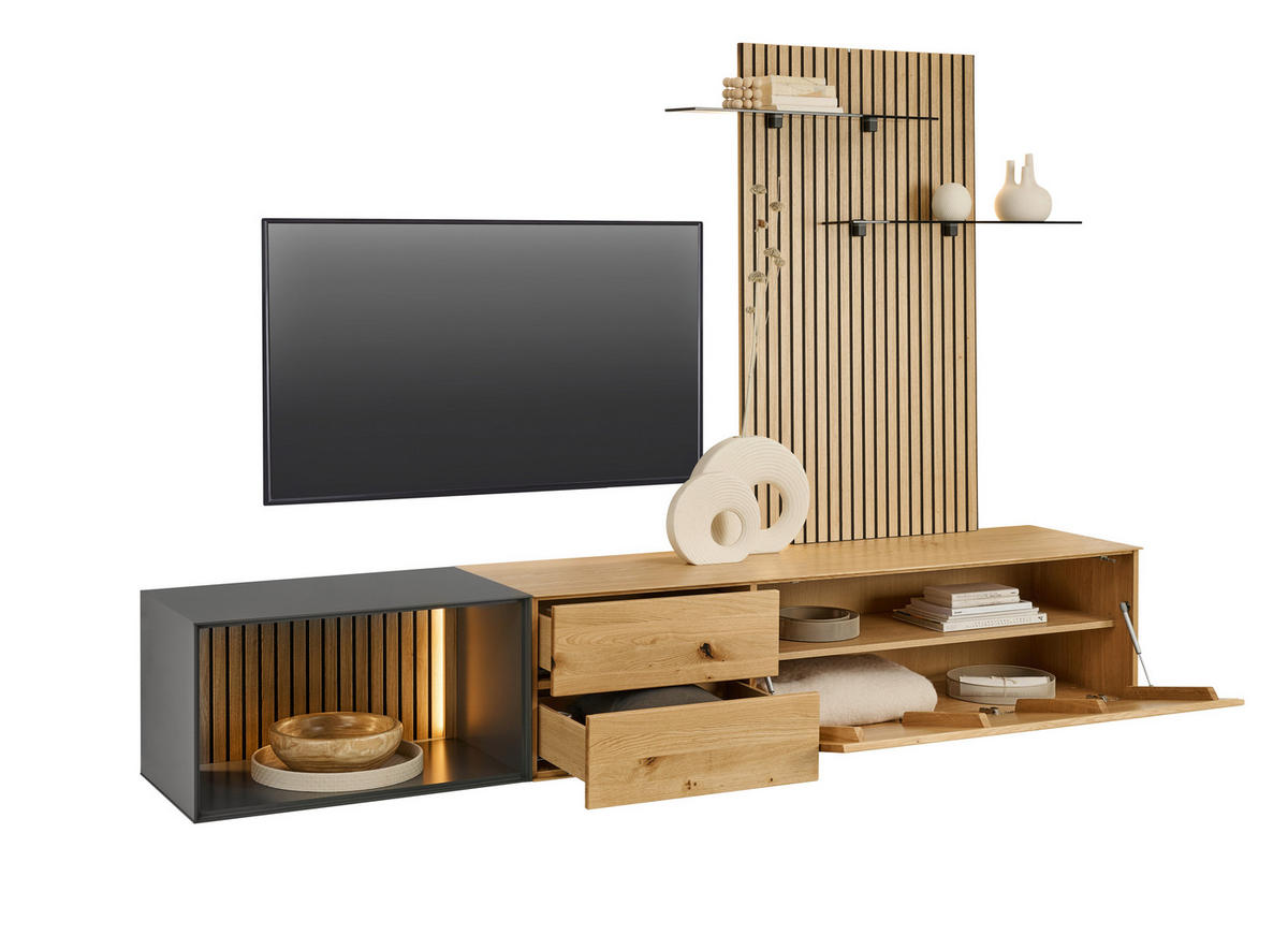 WOHNWAND 3-teilig  in Anthrazit, Eichefarben  261/160/50 cm  - Eichefarben/Anthrazit, Design, Glas/Holz (261/160/50cm) - Dieter Knoll