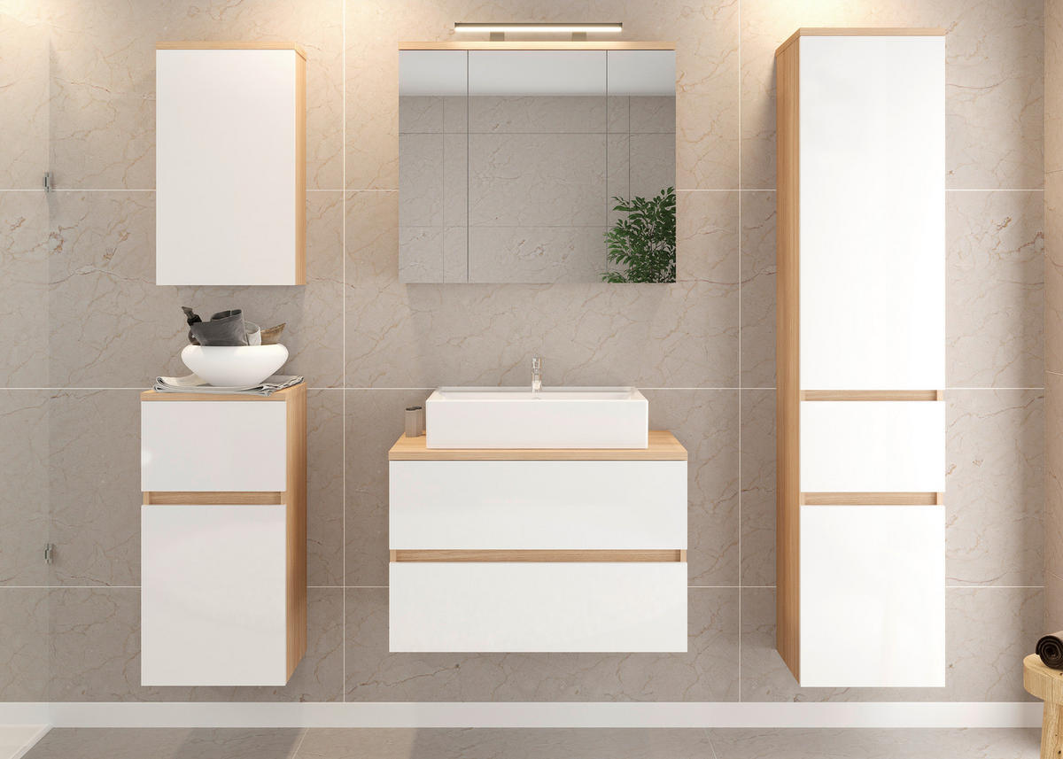 UMIVAL. ENOTA Z UMIVALNIKOM 80/67/47 cm  - bela/visoki sijaj, Basics, leseni material/keramika (80/67/47cm) - Ti'me