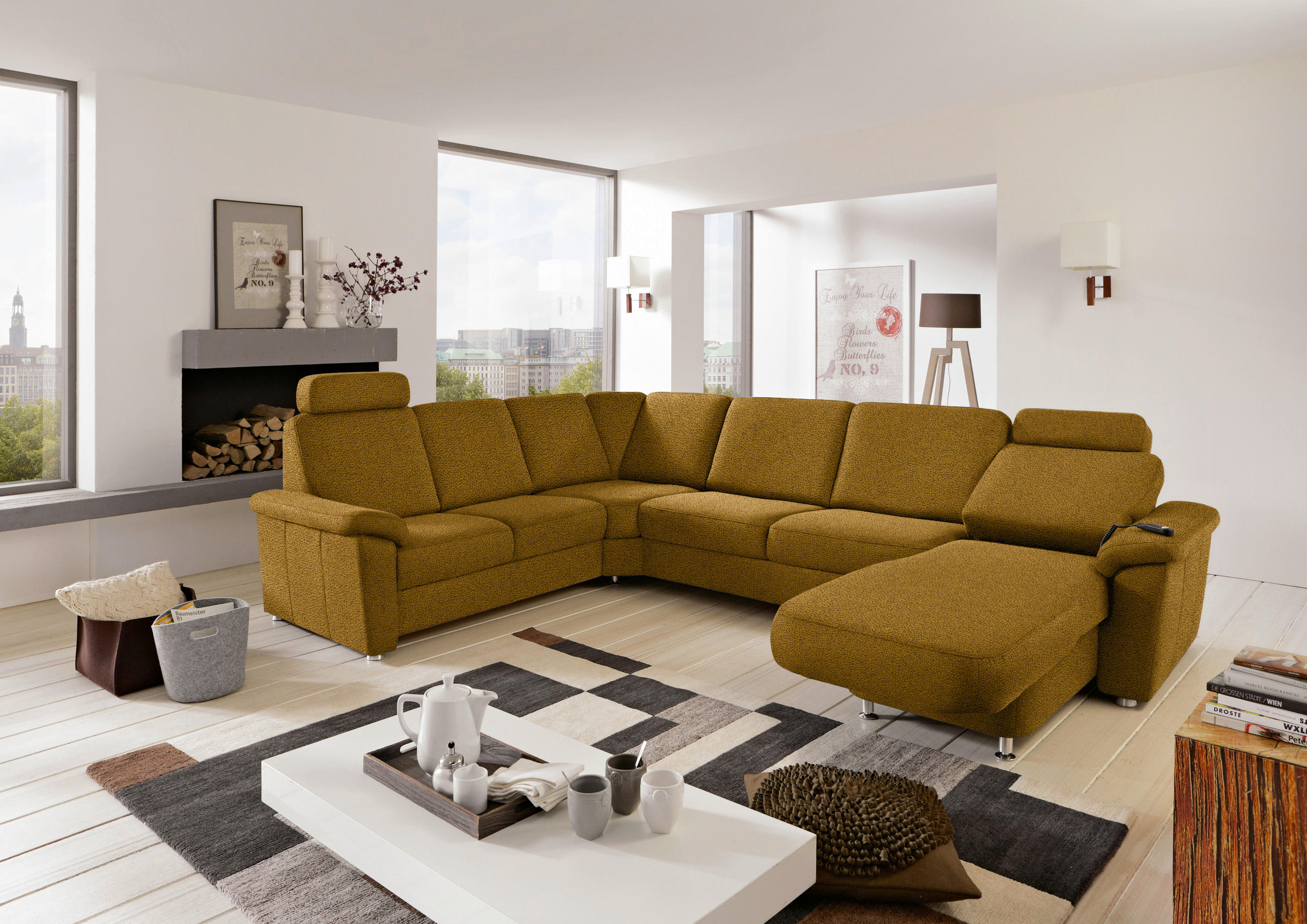 WOHNLANDSCHAFT Braun, Grün Flachgewebe  - Chromfarben/Braun, KONVENTIONELL, Textil/Metall (240/330/163cm) - Beldomo System