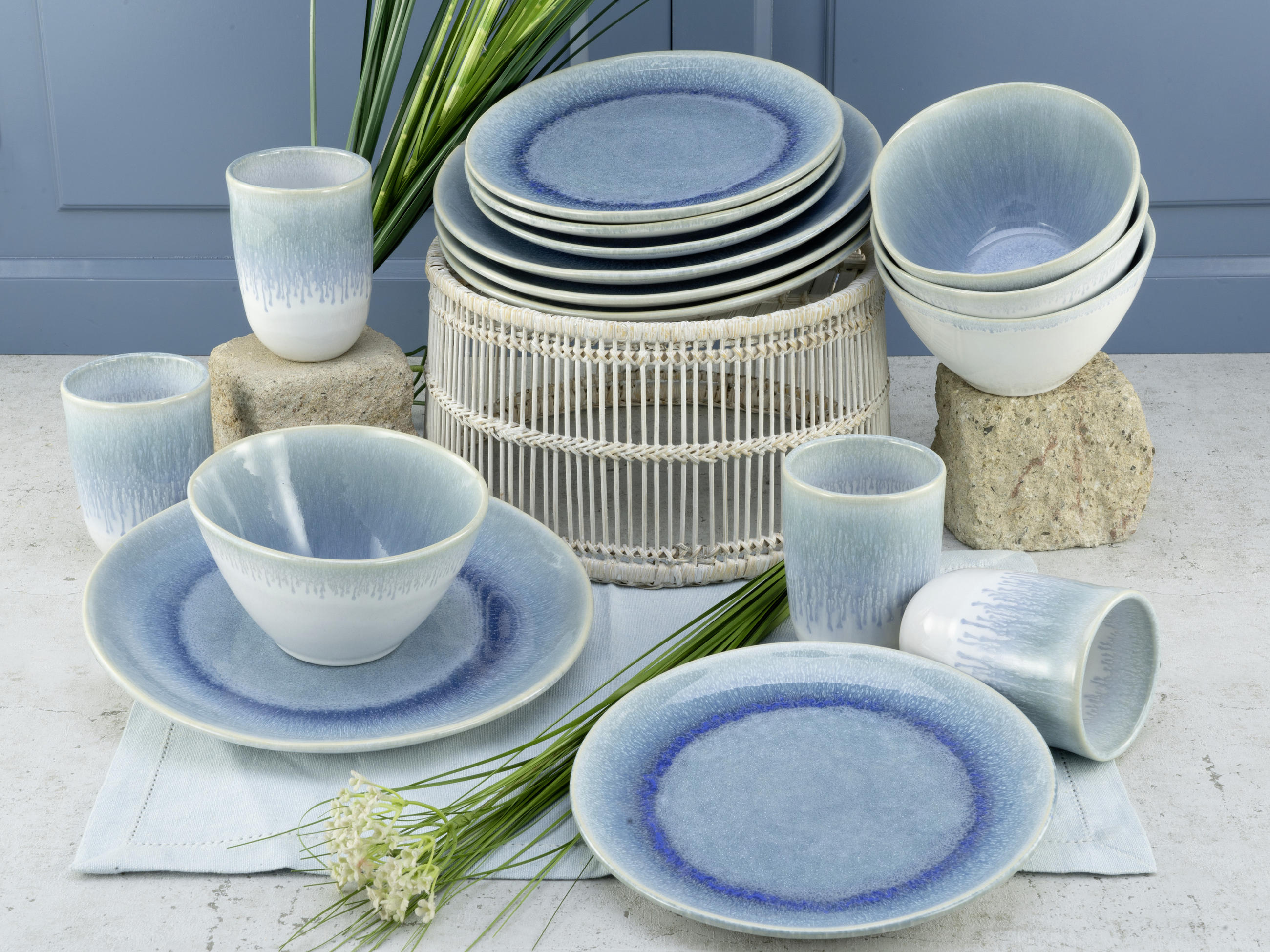 KOMBISERVICE Blau, Weiß 16-teilig Aquarius  - Blau/Weiß, Trend, Keramik (41/35/34cm) - Creatable