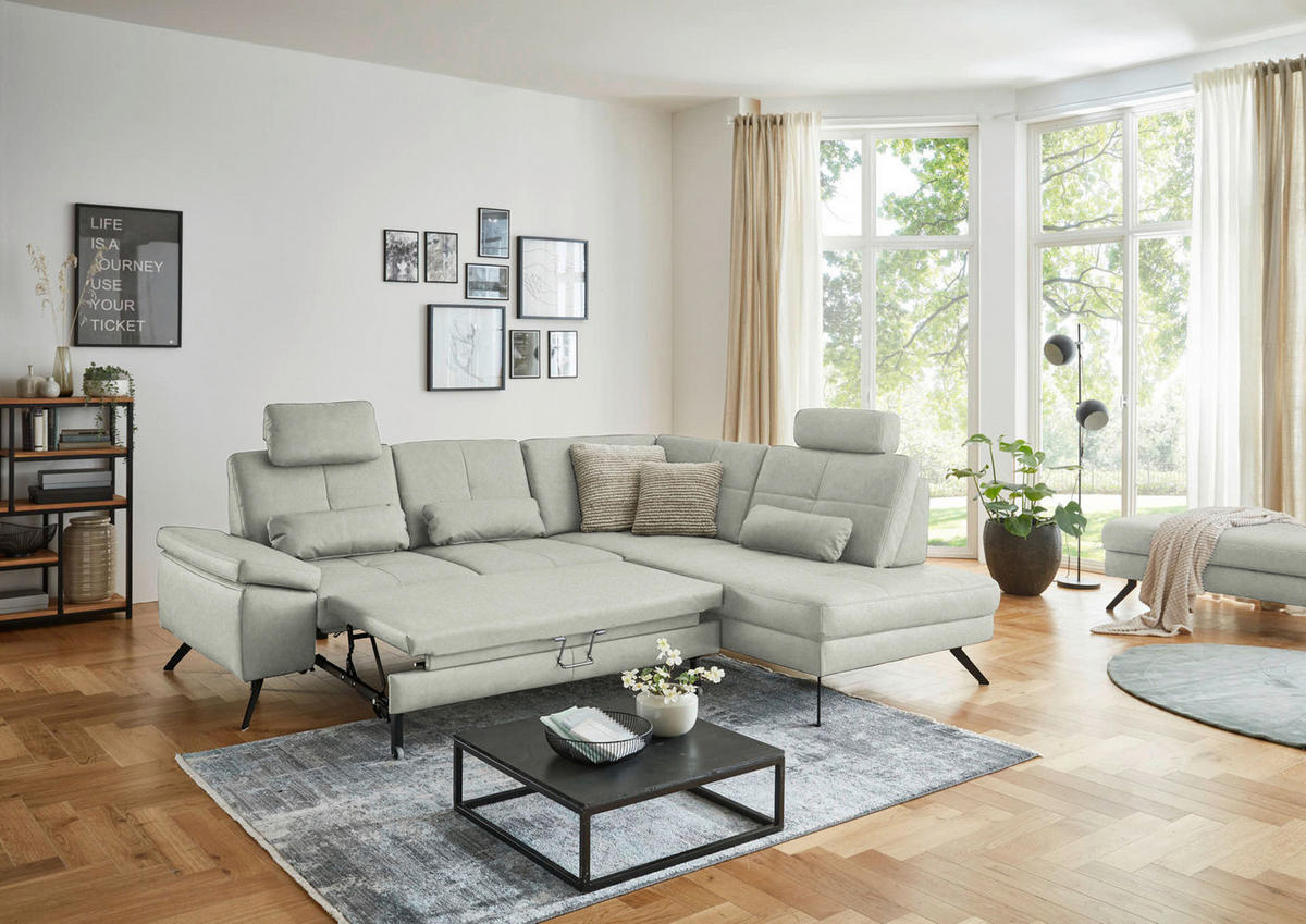 ECKSOFA in Lederlook, Mikrofaser Hellgrau  - Hellgrau/Schwarz, Design, Textil/Metall (261/220cm) - Beldomo System