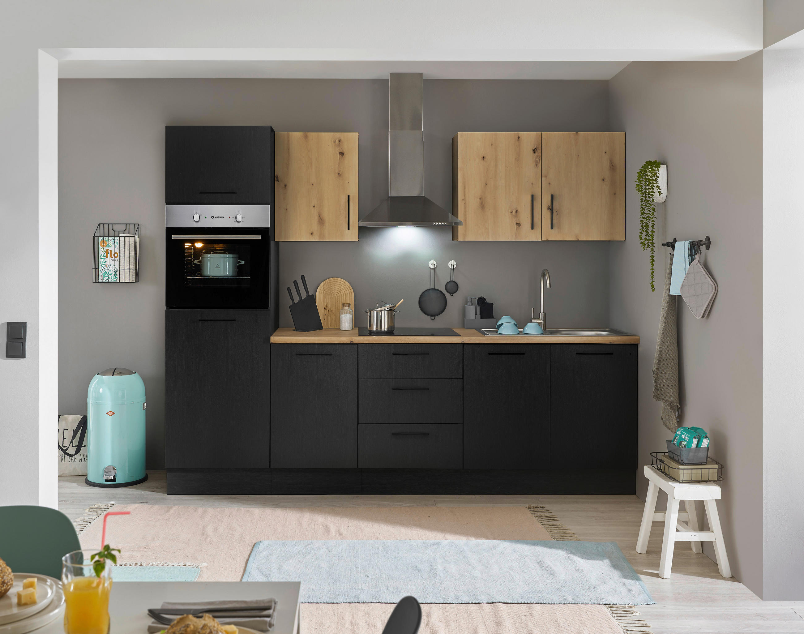 P & B Küchenblock Eiche Artisan, Schwarz 270 cm