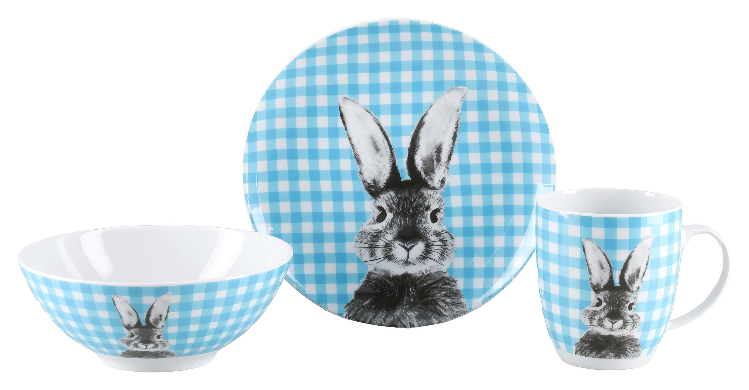 FRÜHSTÜCKSSERVICE Weiß, Hellblau Happy Bunny 3-teilig 1 Personen  - Weiß/Hellblau, Basics, Keramik - Creatable