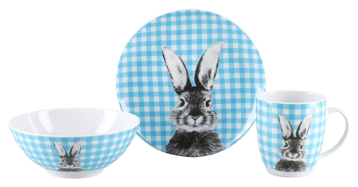 FRÜHSTÜCKSSERVICE Weiß, Hellblau Happy Bunny 3-teilig 1 Personen  - Weiß/Hellblau, Basics, Keramik - Creatable
