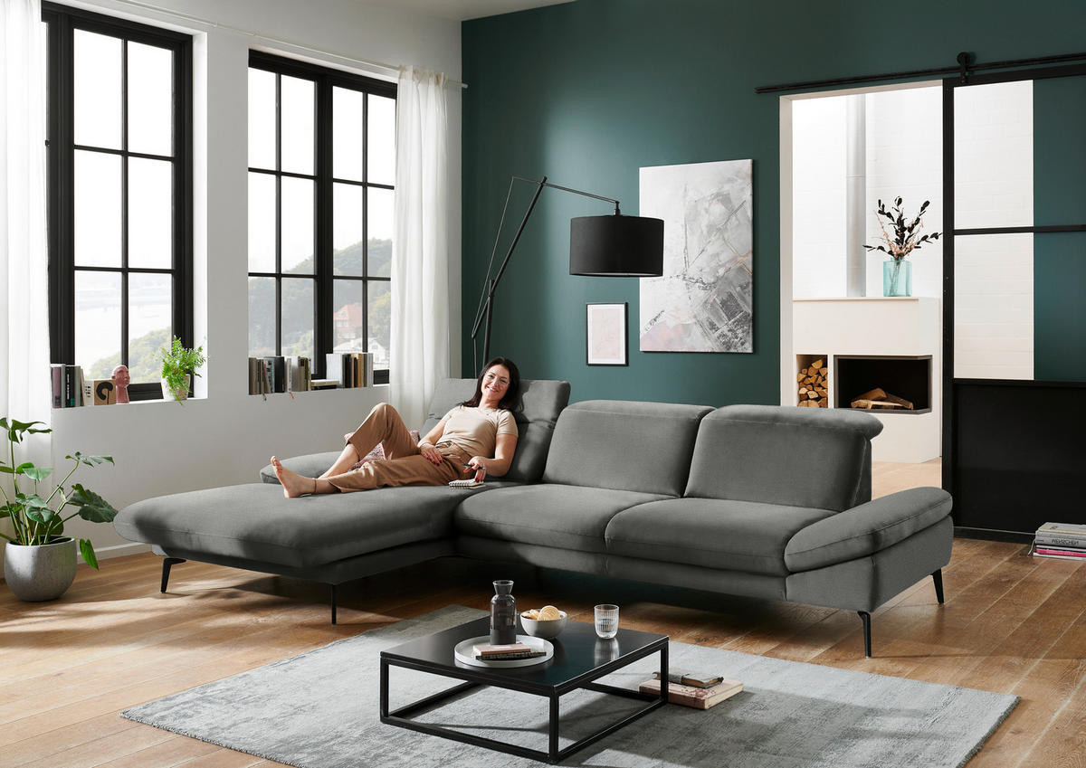 ECKSOFA in Chenille Grau  - Schwarz/Grau, Design, Textil/Metall (188/319cm) - Beldomo System