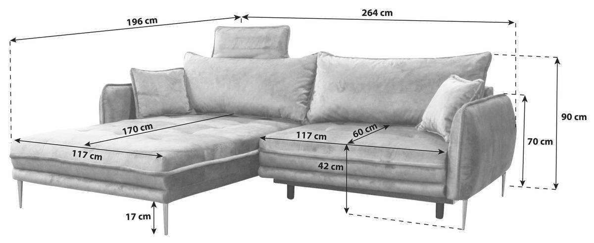 ECKSOFA  in Velours Anthrazit  196/264 cm  - Anthrazit/Goldfarben, Design, Textil/Metall (196/264cm) - MID.YOU