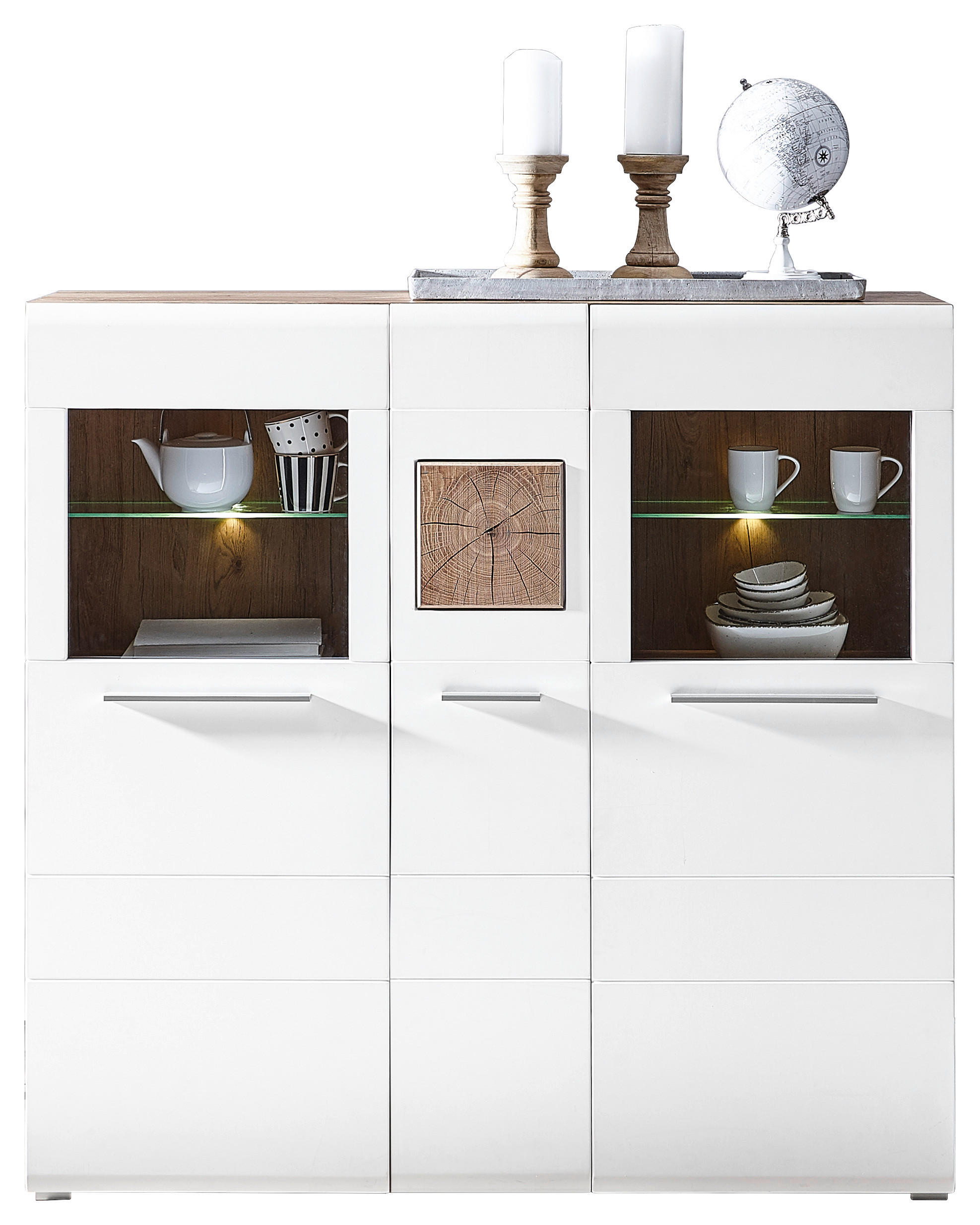 HIGHBOARD  in 140/135/37 cm  - Chromfarben/Eichefarben, KONVENTIONELL, Glas/Holz (140/135/37cm) - Hom`in