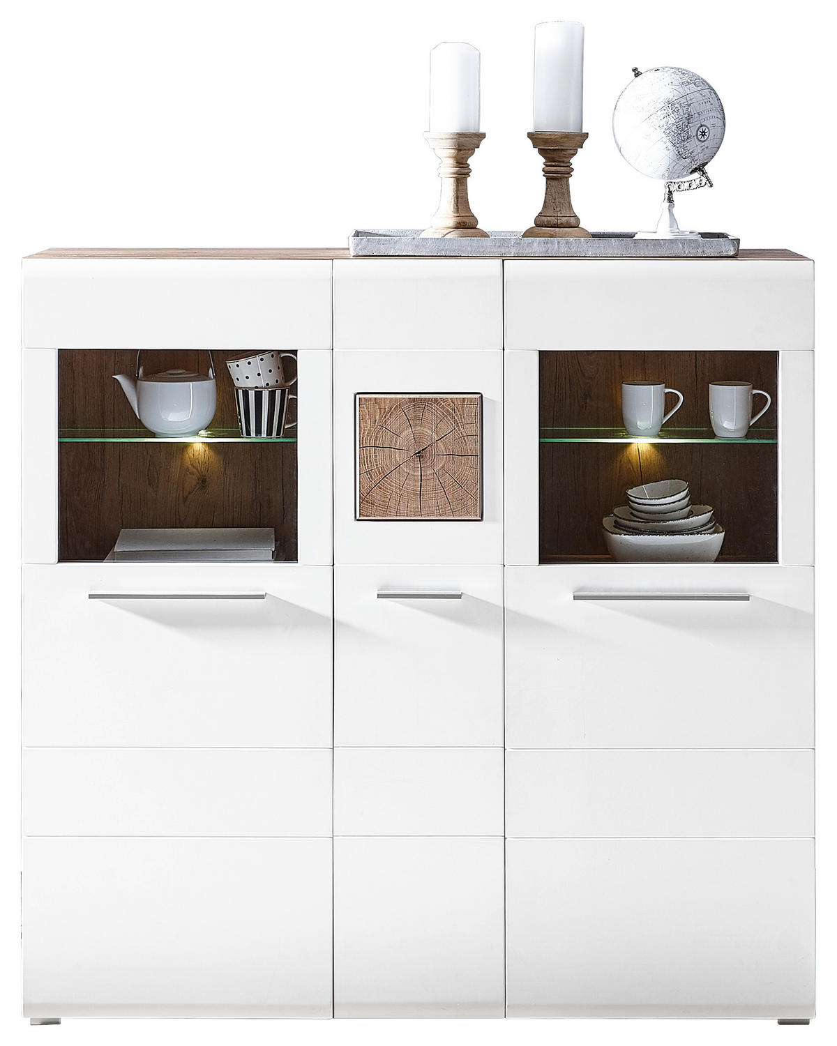 HIGHBOARD Weiß, Eichefarben  140/135/37 cm  - Chromfarben/Eichefarben, KONVENTIONELL, Glas/Holz (140/135/37cm) - Hom`in
