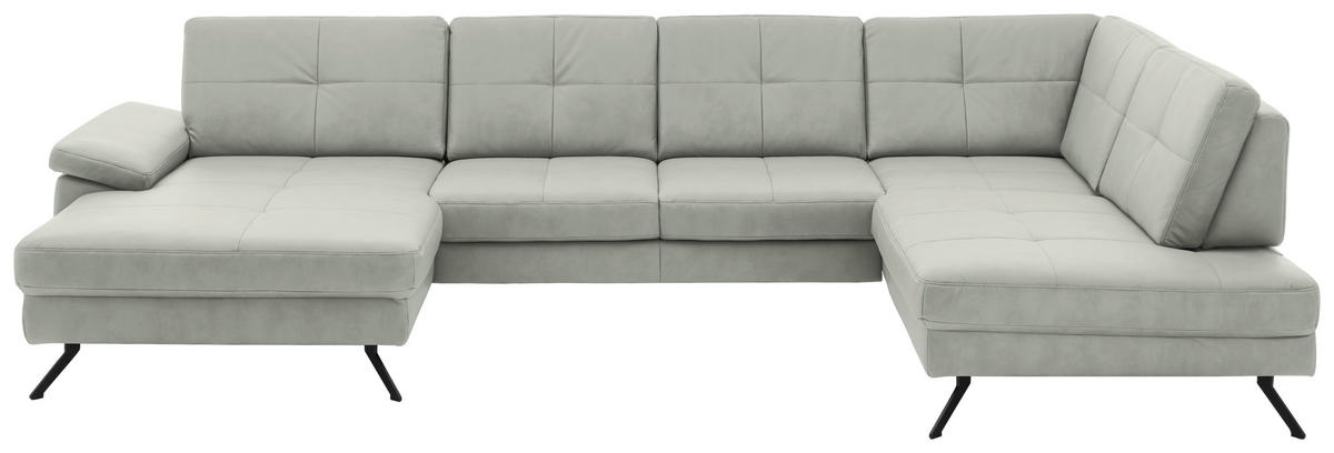 WOHNLANDSCHAFT Lederlook, Mikrofaser Hellgrau  - Hellgrau/Schwarz, Design, Textil/Metall (179/343/220cm) - Beldomo System