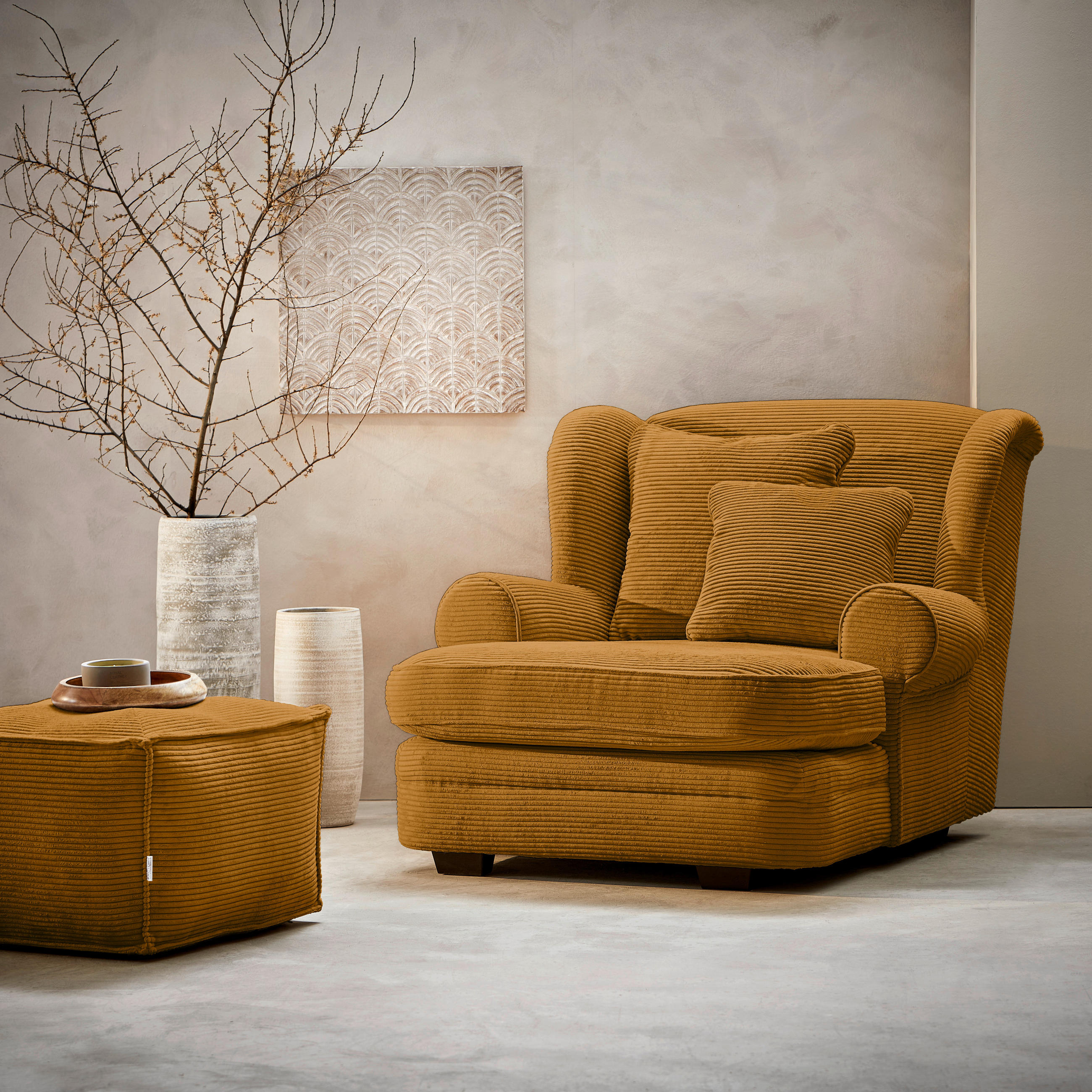 XXL KRESLO, textil, tmavožltá - tmavohnedá/tmavožltá, Design, drevo/textil (121/100/140cm) - Ambia Home