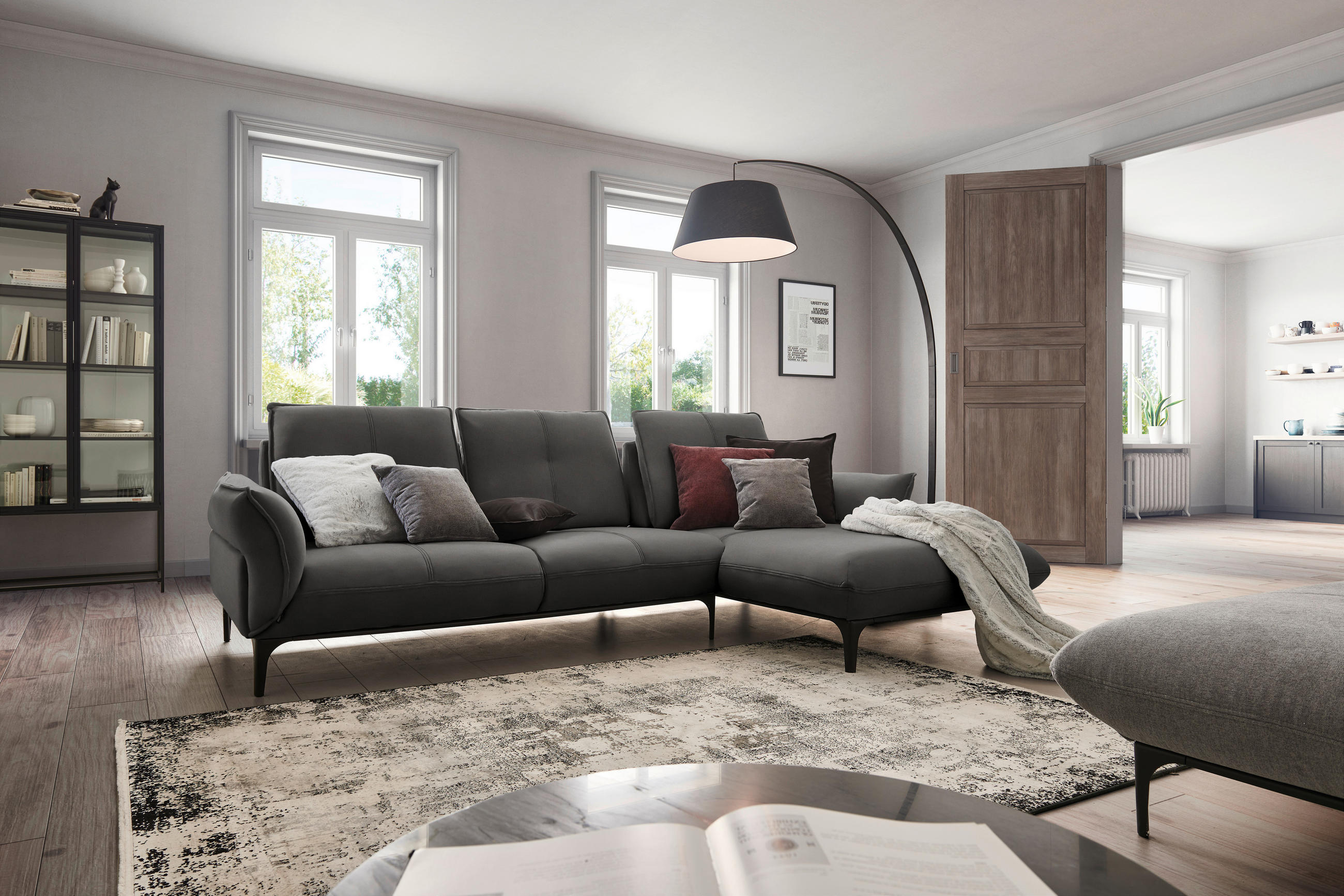 ECKSOFA in Echtleder Dunkelgrau  277/182 cm  - Dunkelgrau/Schwarz, Natur, Leder (277/182cm) - Valnatura