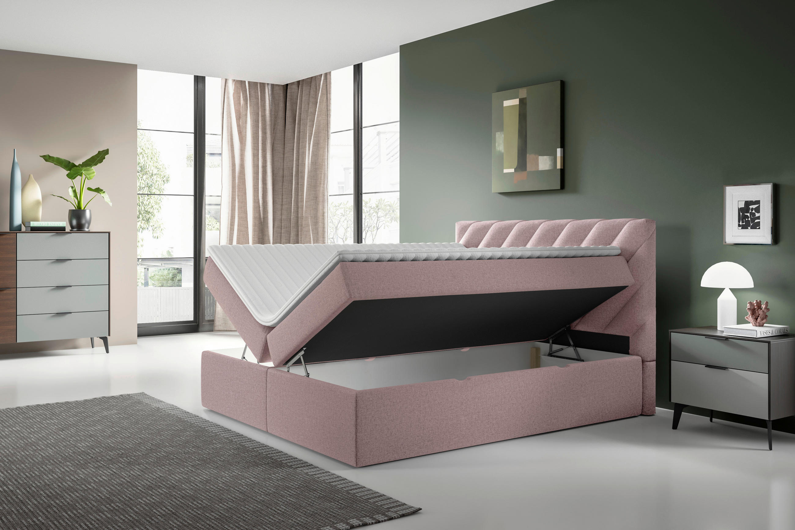 BOXSÄNG 160/200 cm  i rosa  - svart/rosa, Modern, textil (160/200cm) - MID.YOU