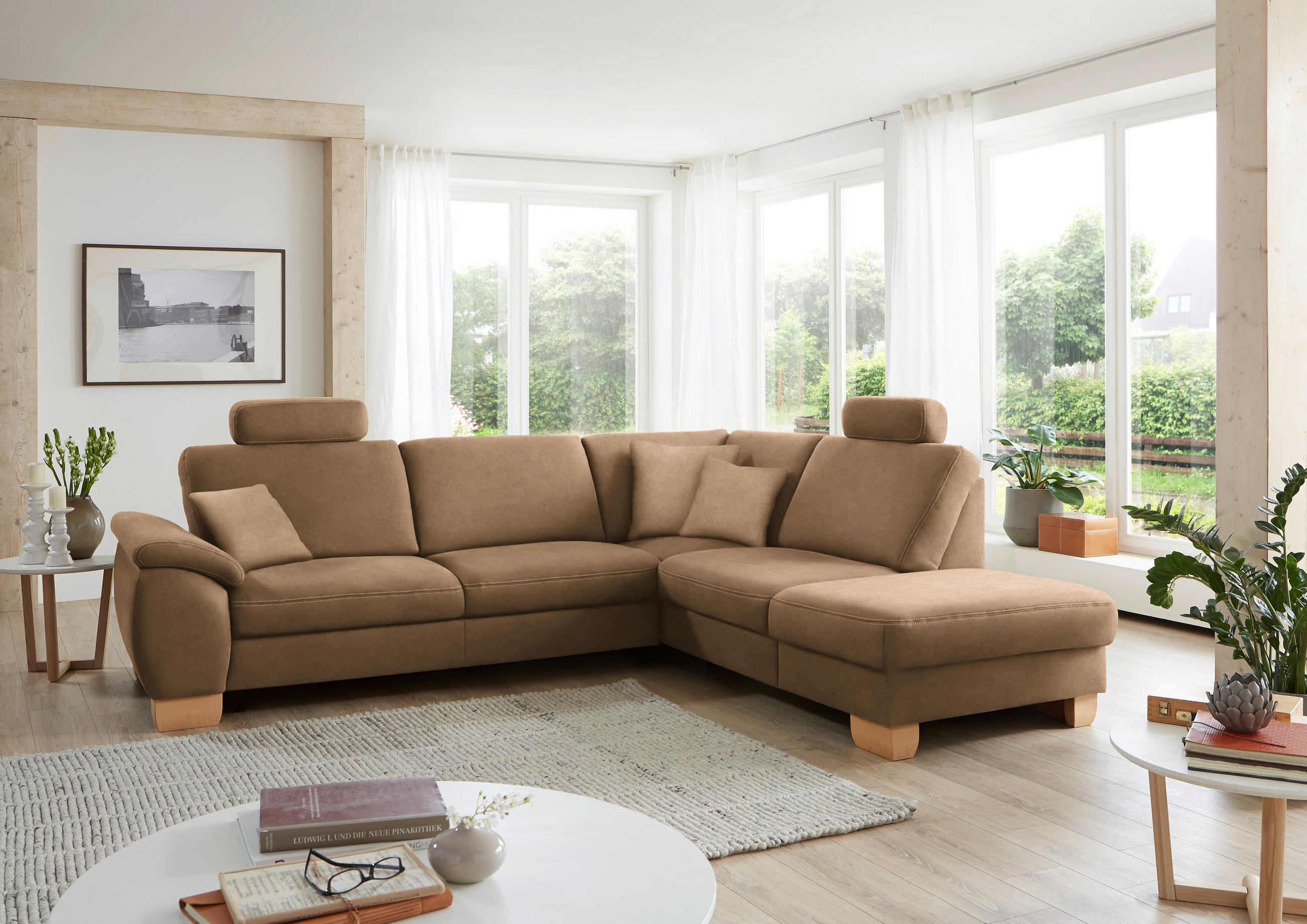 ECKSOFA in Mikrofaser Sandfarben  - Sandfarben/Wildeiche, Natur, Holz/Textil (286/236cm) - Voleo