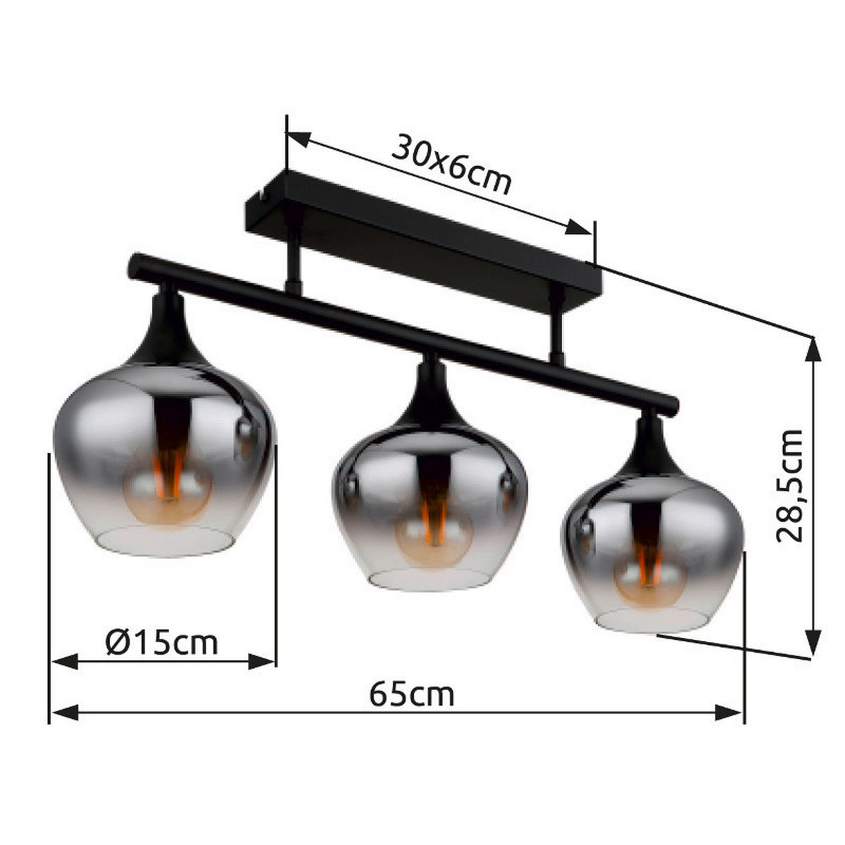 DECKENLEUCHTE    65/15/28,5 cm  - Schwarz, Design, Glas/Metall (65/15/28,5cm) - Globo