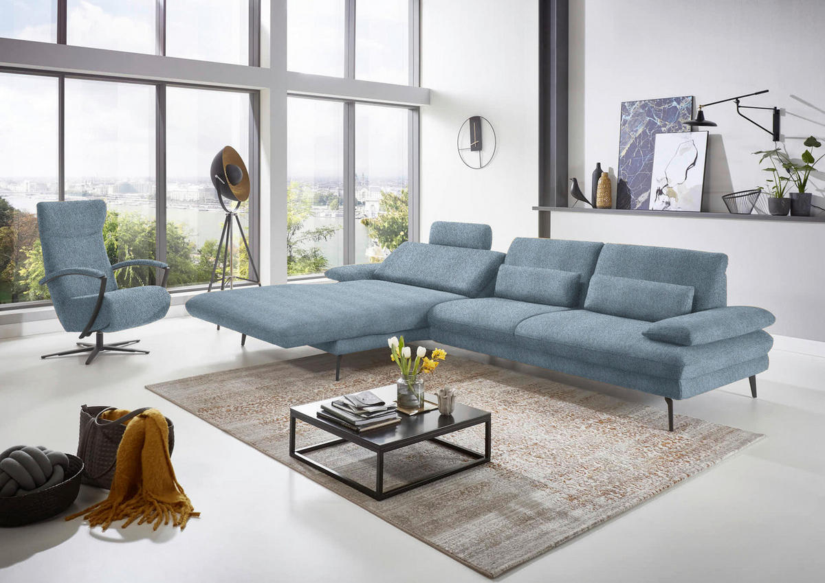 ECKSOFA in Chenille Blau  - Blau/Schwarz, Design, Textil/Metall (180/310cm) - Dieter Knoll