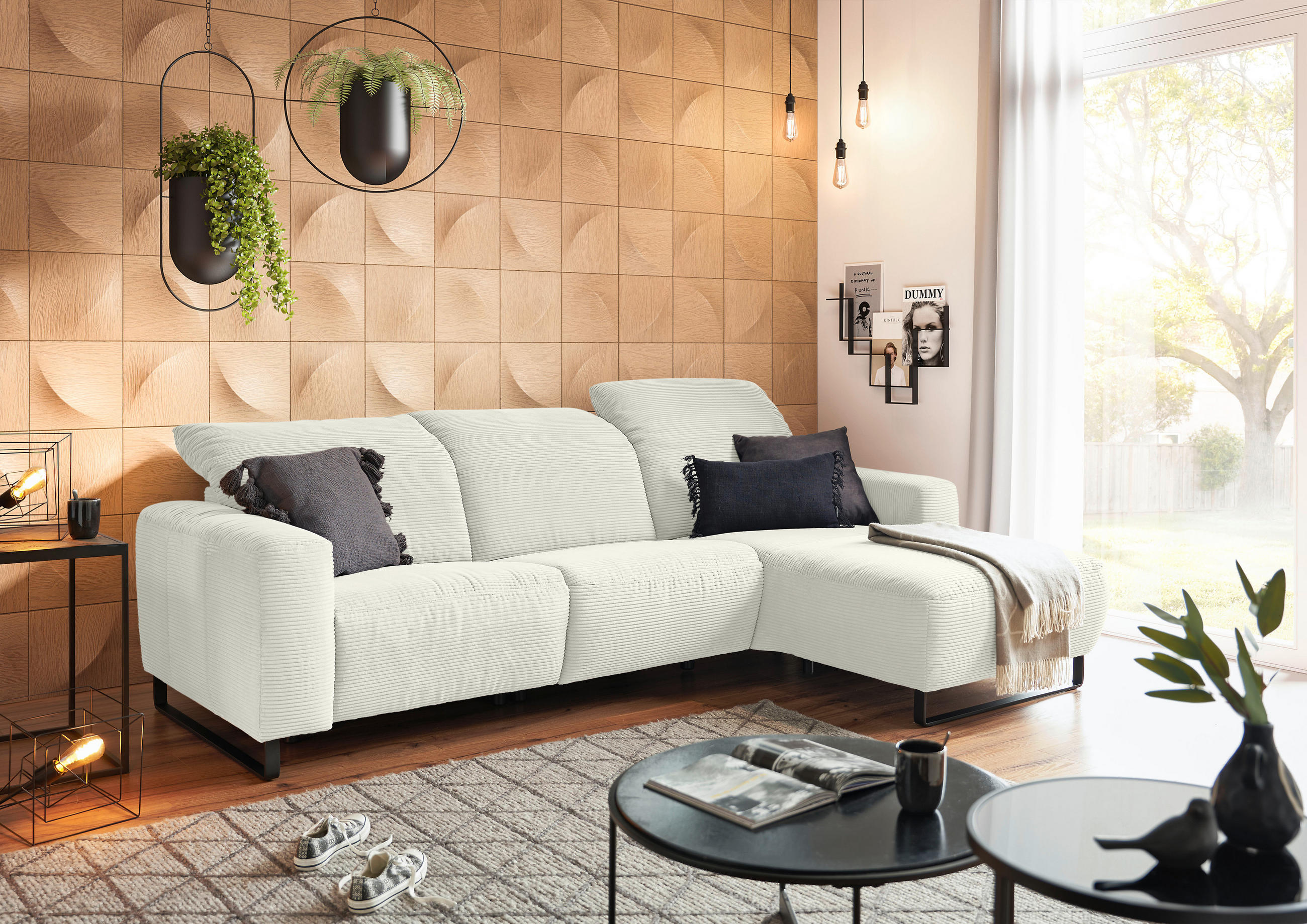ECKSOFA in Cord Weiss  - Weiss/Schwarz, Konventionell, Textil/Metall (266/180cm) - Hom`in