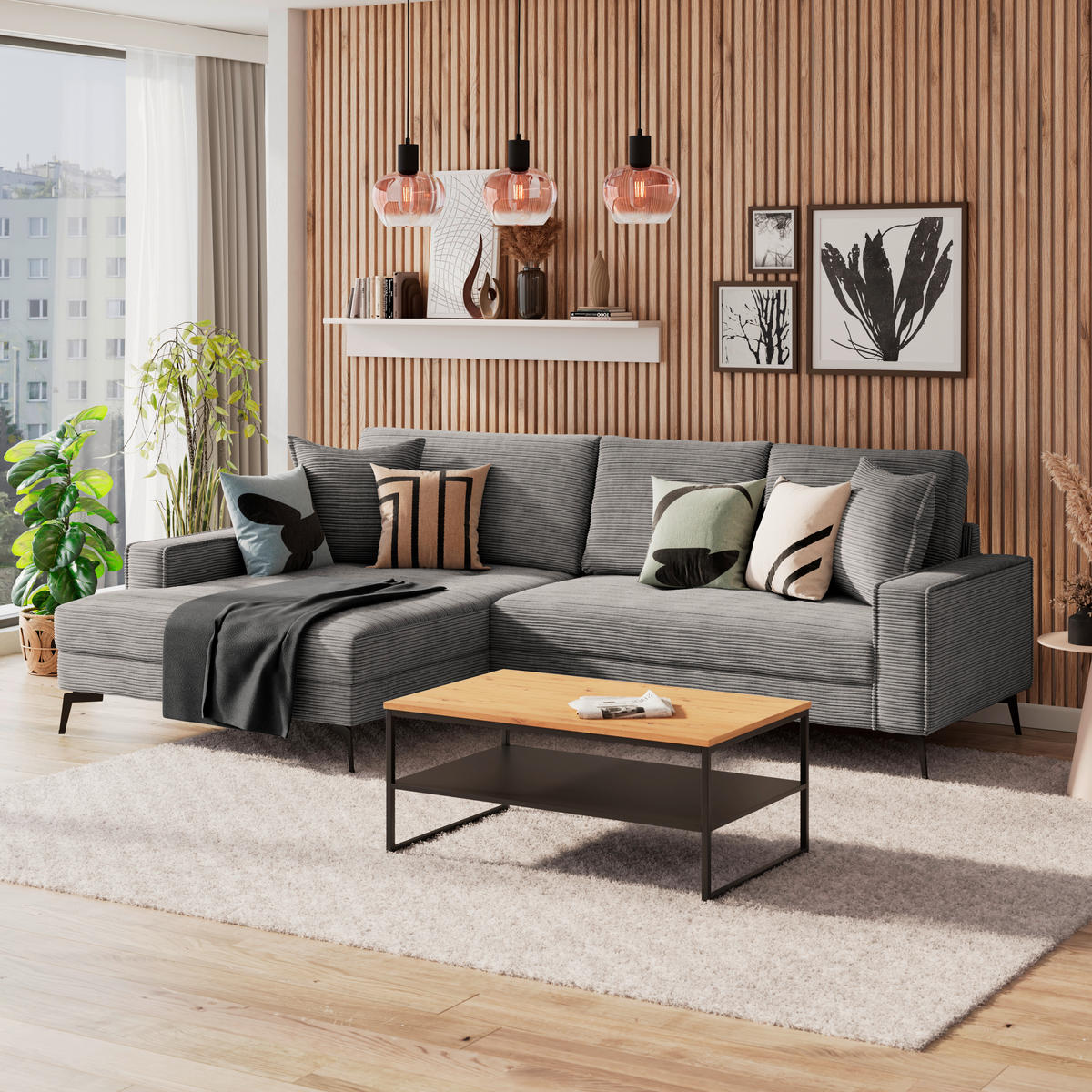 ECKSOFA ZERO Anthrazit Cord Zierkissen, Rückenkissen  - Anthrazit/Schwarz, Trend, Textil/Metall (173/286cm) - Livetastic