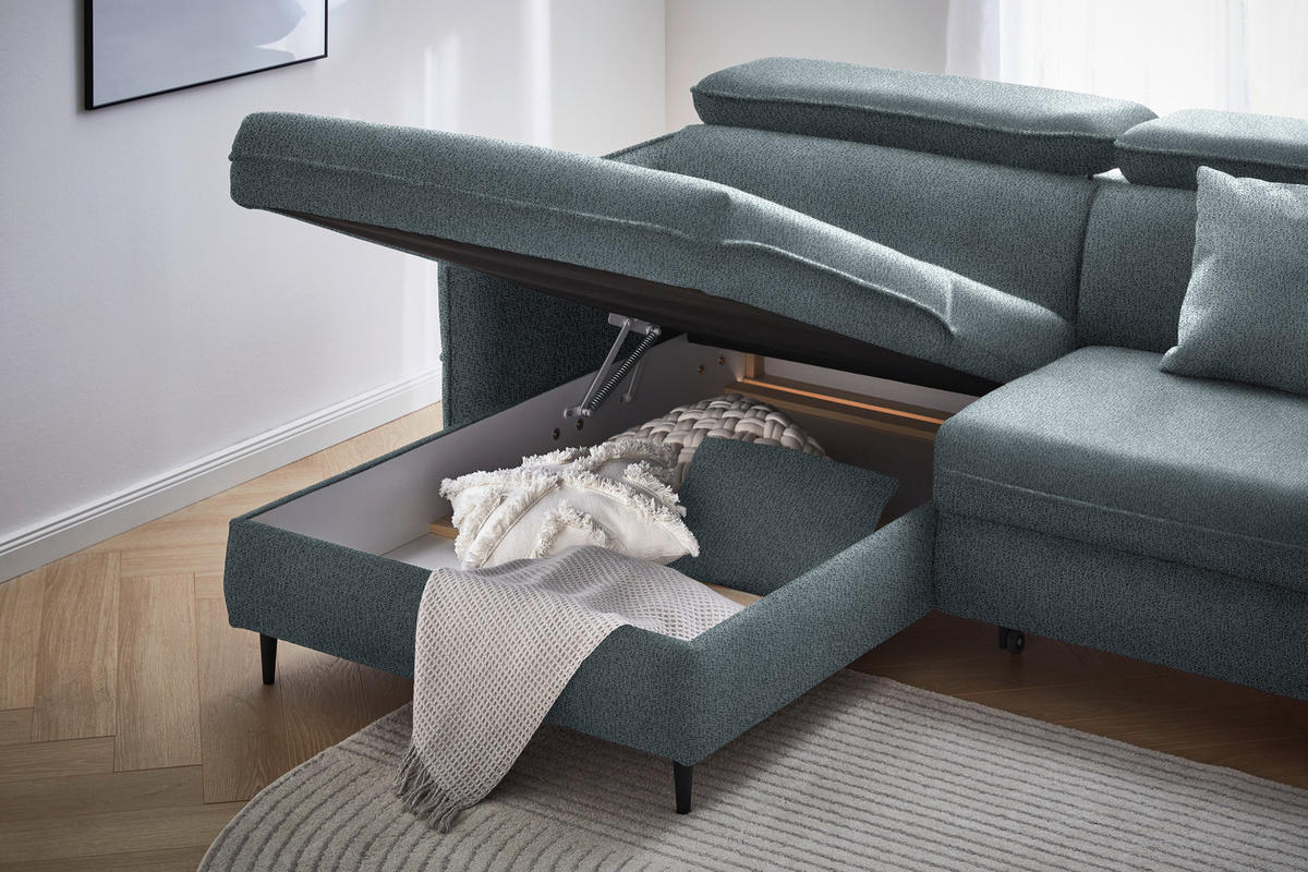 ECKSOFA in Flachgewebe Graublau  - Graublau/Schwarz, Design, Holz/Textil (185/232cm) - Stylife