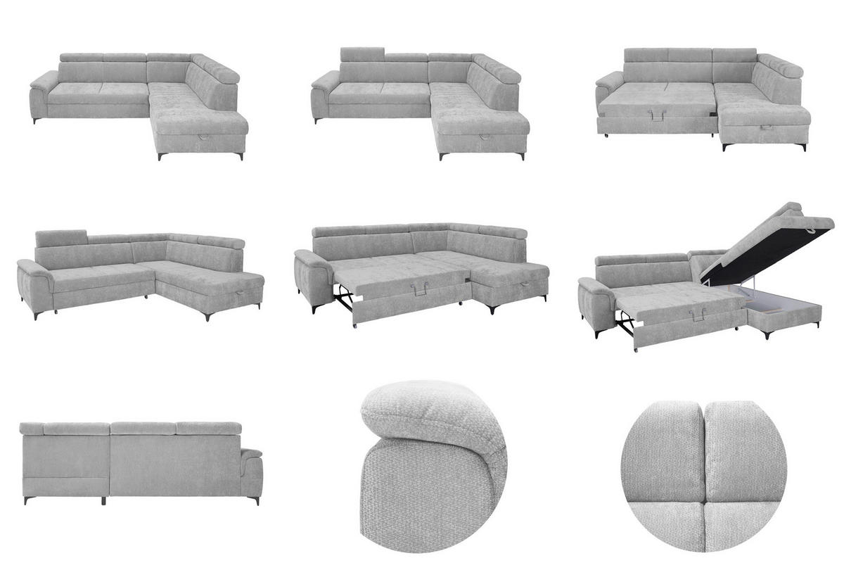 ECKSOFA Silberfarben Chenille Bettkasten, Schlaffunktion, Rücken echt, Kopfteilverstellung, Liegefläche im Originalstoff  - Silberfarben/Schwarz, KONVENTIONELL, Textil/Metall (265/206cm) - Carryhome