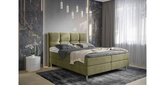 BOXBETT 140/200 cm,  in Olivgrün, gepolstertes Kopfteil, Bettkasten, Topper, H3 = fest  - Chromfarben/Olivgrün, Design, Holz/Holzwerkstoff (140/200cm) - Esposa