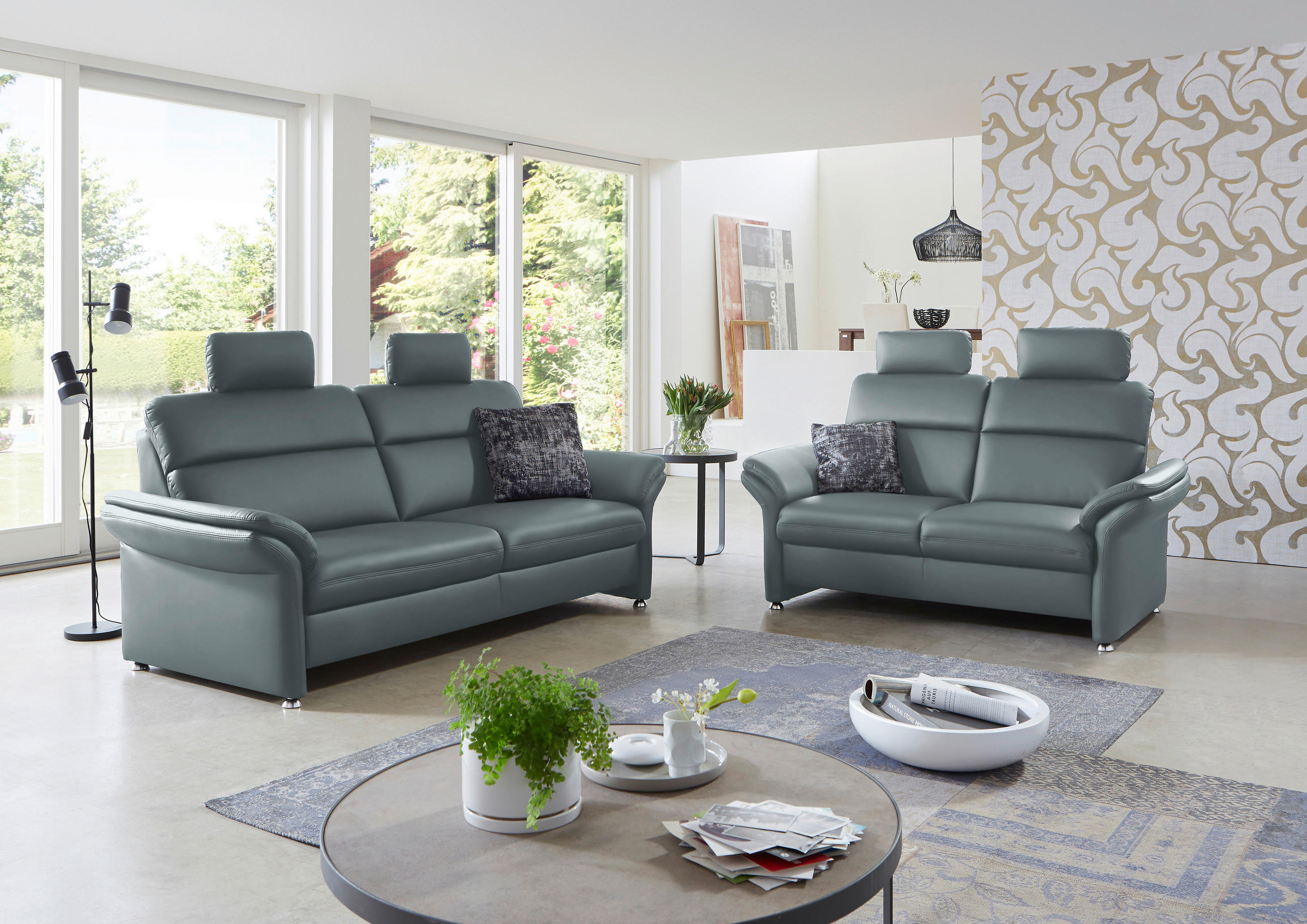 3-SITZER-SOFA in Echtleder Blau, Grau  - Blau/Alufarben, Konventionell, Leder/Metall (228/96/92cm) - Beldomo Premium