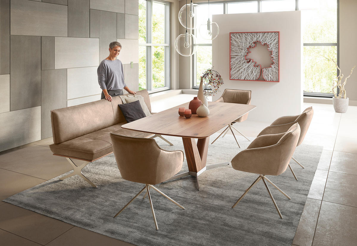 SITZBANK in Holz, Metall, Leder Edelstahlfarben, Beige  - Edelstahlfarben/Beige, Design, Leder/Holz (214/88/66cm) - Koinor
